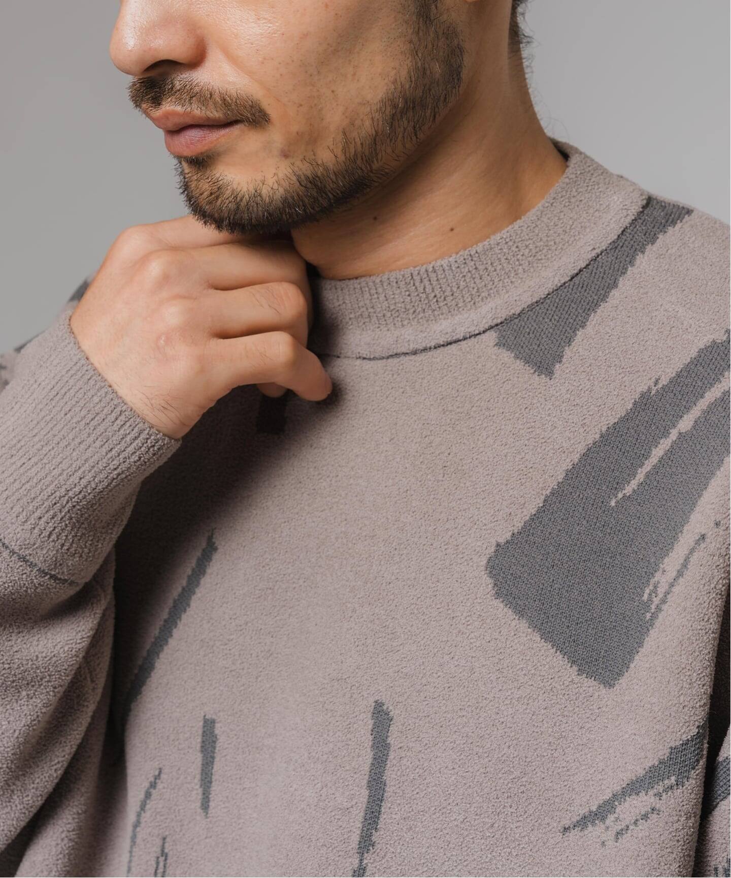 ジャガード シェニール ヤーン クルーネック プルオーバー（ニット