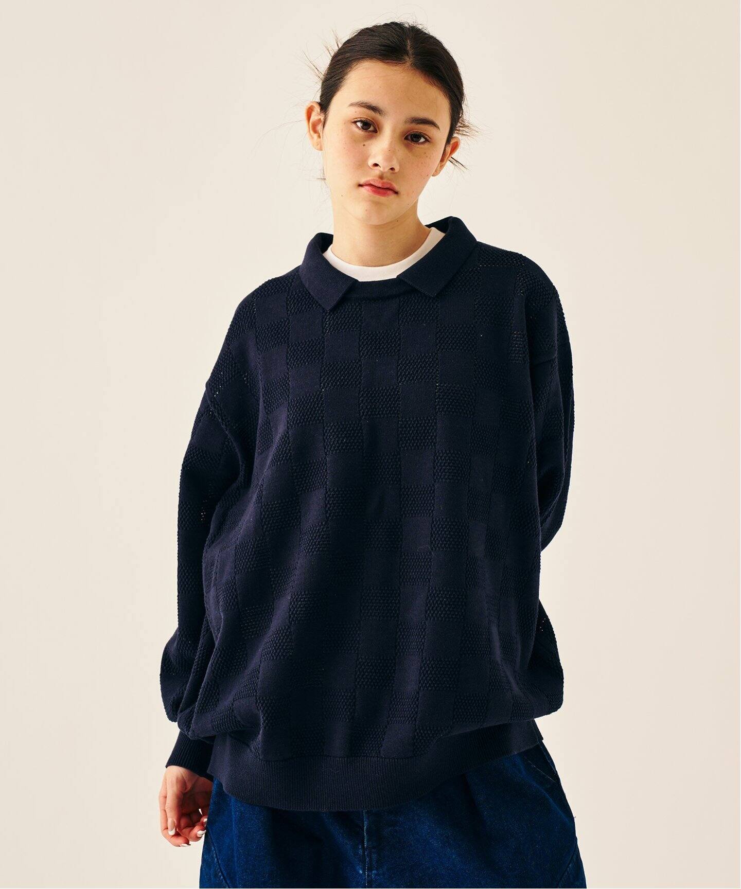 【新品】エディフィス　ニットTシャツ　メンズ　ブルー　L Nilway tシャツ 透かし編み プルオーバー メッシュ オーバー