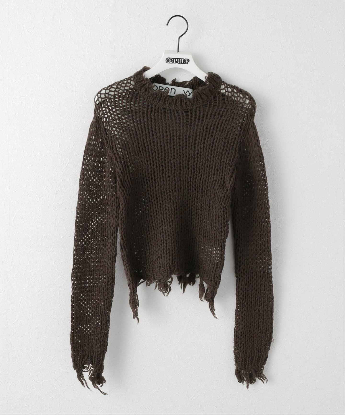トップス destroy knit Geek Office / ギークオフィス】OPEN YY Knitted DISTRESSED CROP KNIT