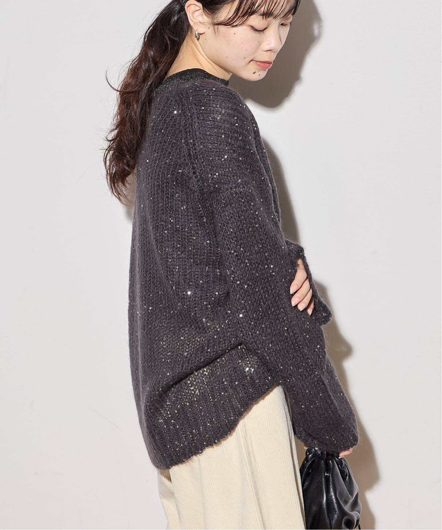 【新品】L'ESSAGE モヘヤMIXスパンコールプルオーバー ニット ベージュ 追加》モヘヤMIXスパンコールプルオーバー（ニット／セーター