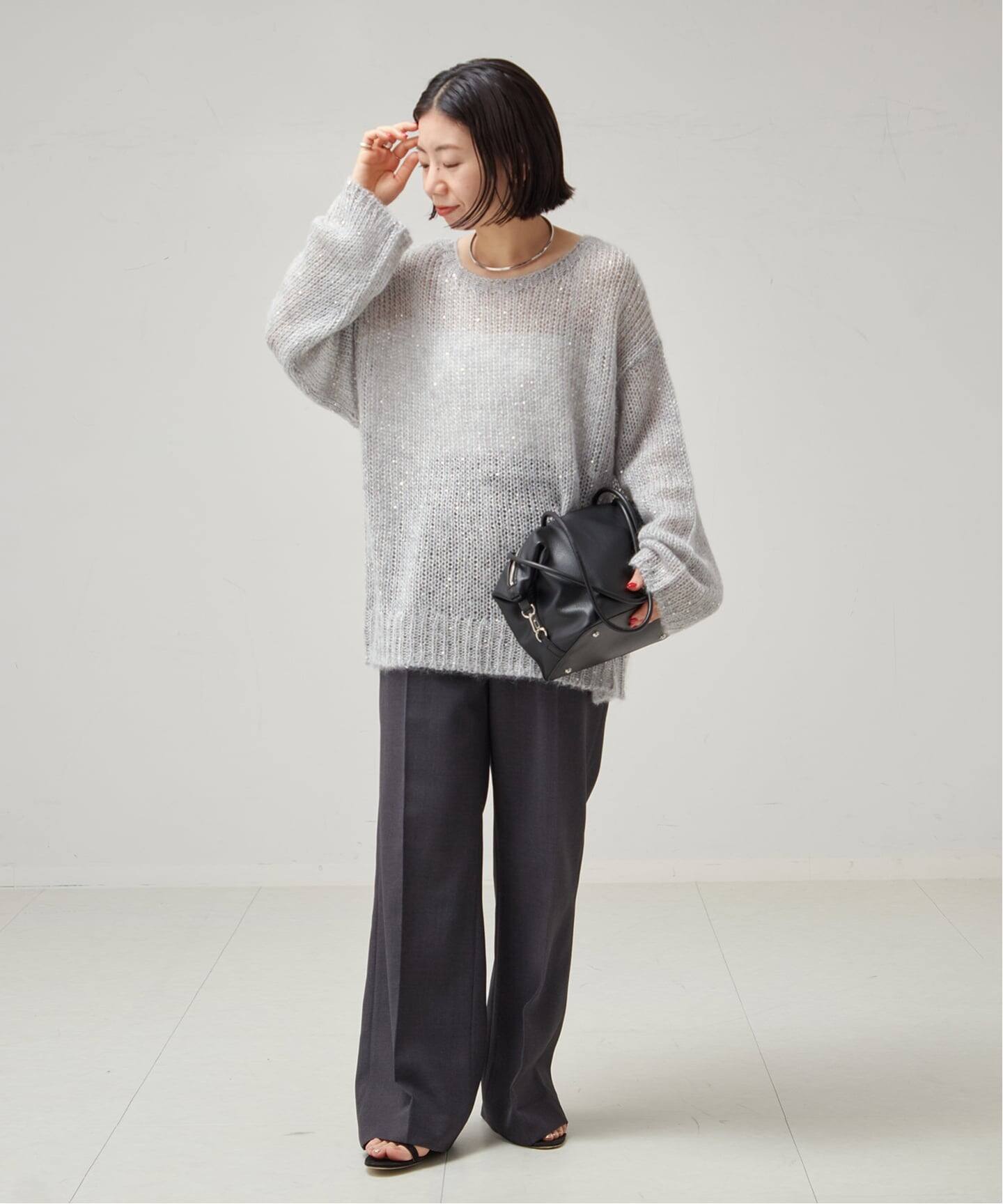 【新品】L'ESSAGE モヘヤMIXスパンコールプルオーバー ニット ベージュ 追加》モヘヤMIXスパンコールプルオーバー（ニット／セーター