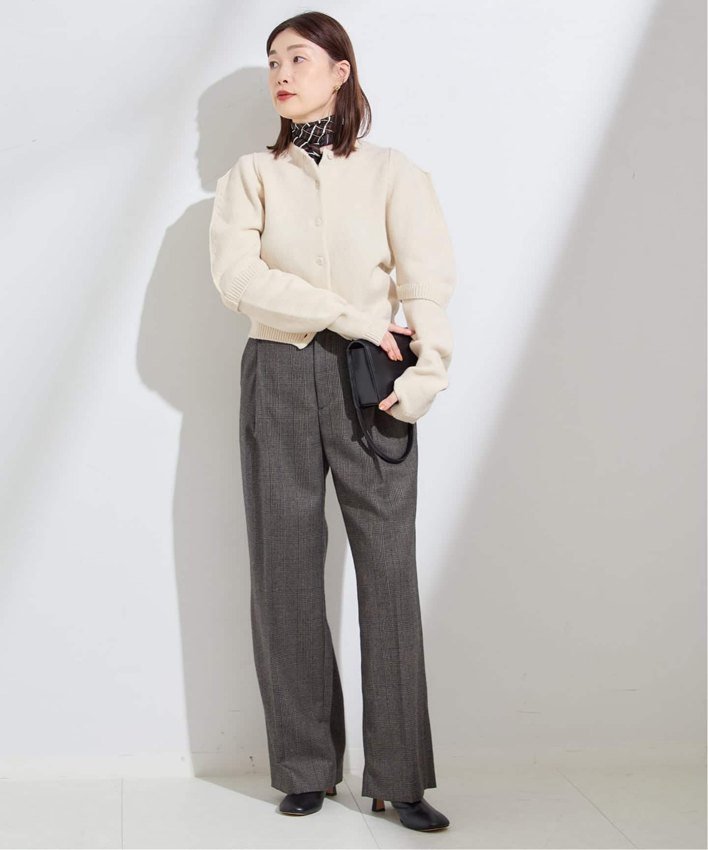 JANE SMITH】7G BIG SHOULDER CREW CARDIGAN：カーディガン