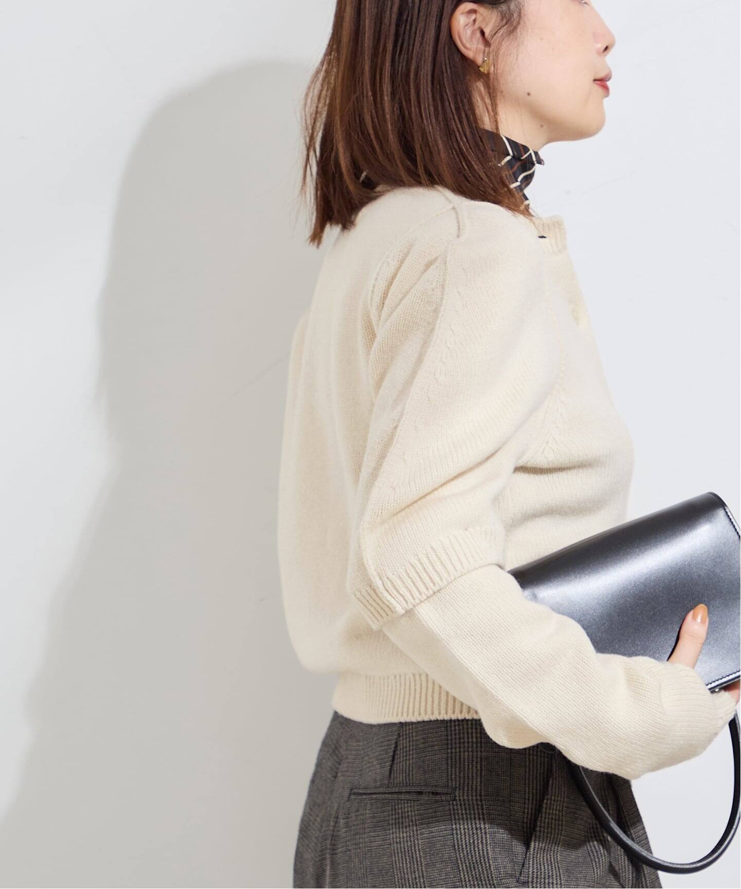 JANE SMITH】7G BIG SHOULDER CREW CARDIGAN：カーディガン