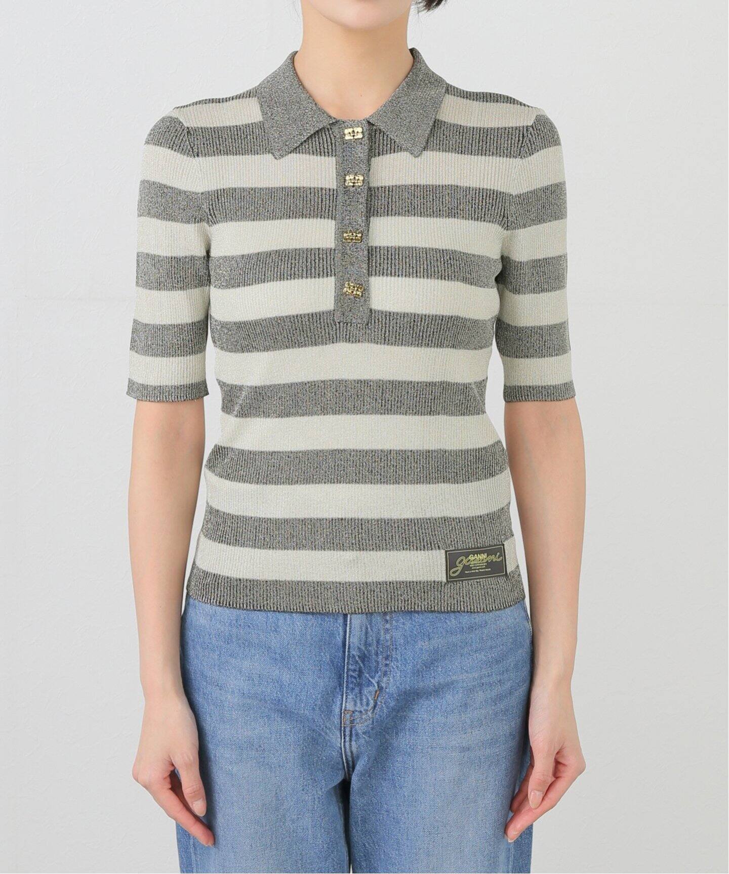 ガニー GANNI GANNI ポロニット Mini Ribbed Merino Polo ロゴ