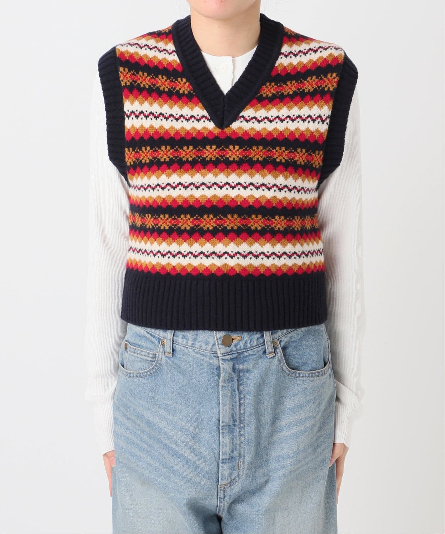 INSCRIRE /アンスクリア】Fairisle Tight Fit V Neck Vest：ベスト