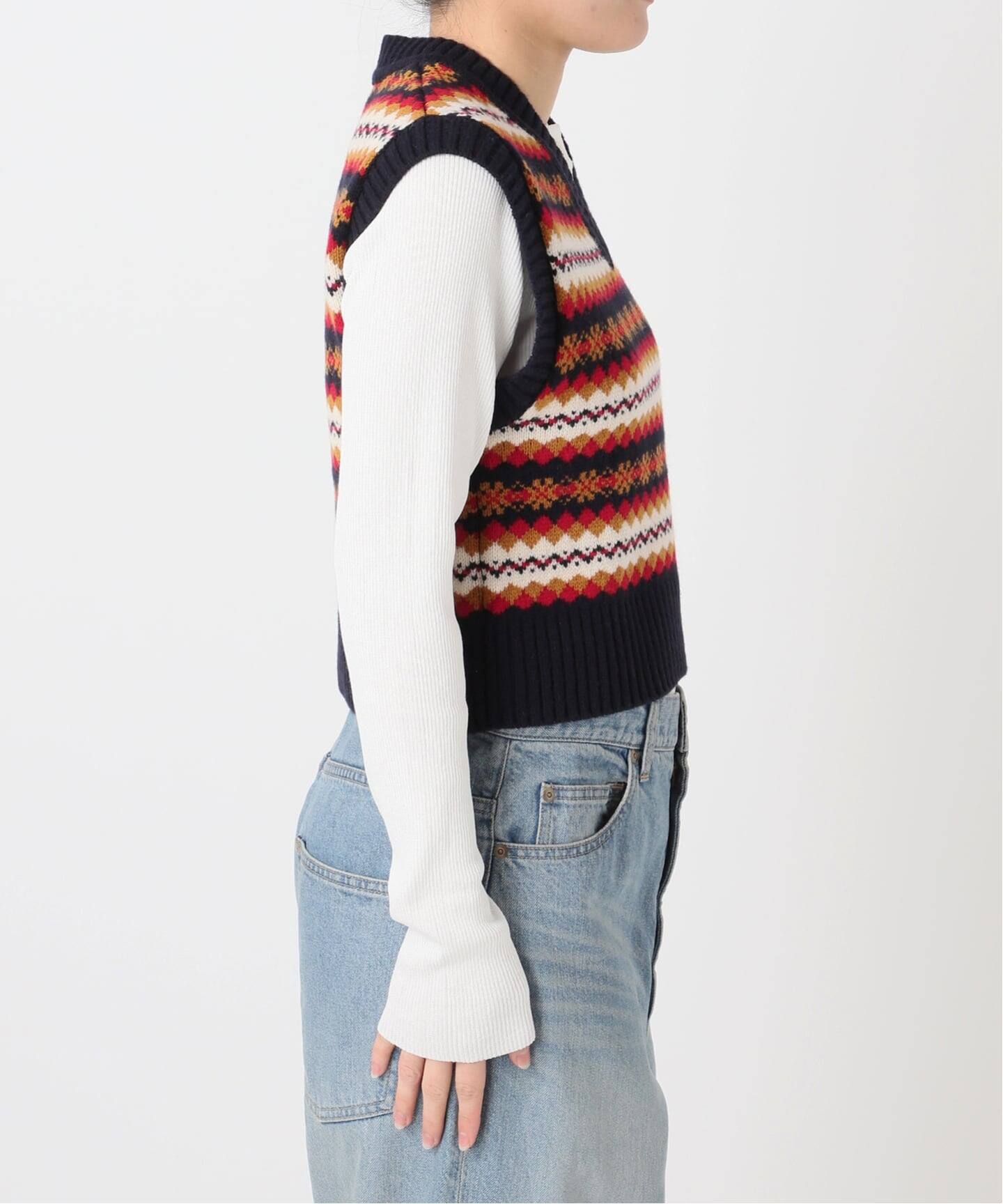INSCRIRE /アンスクリア】Fairisle Tight Fit V Neck Vest：ベスト