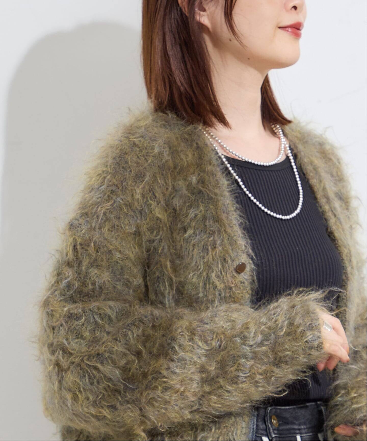 INSCRIRE /アンスクリア】Shaggy V-Neck Cardigan：カーディガン