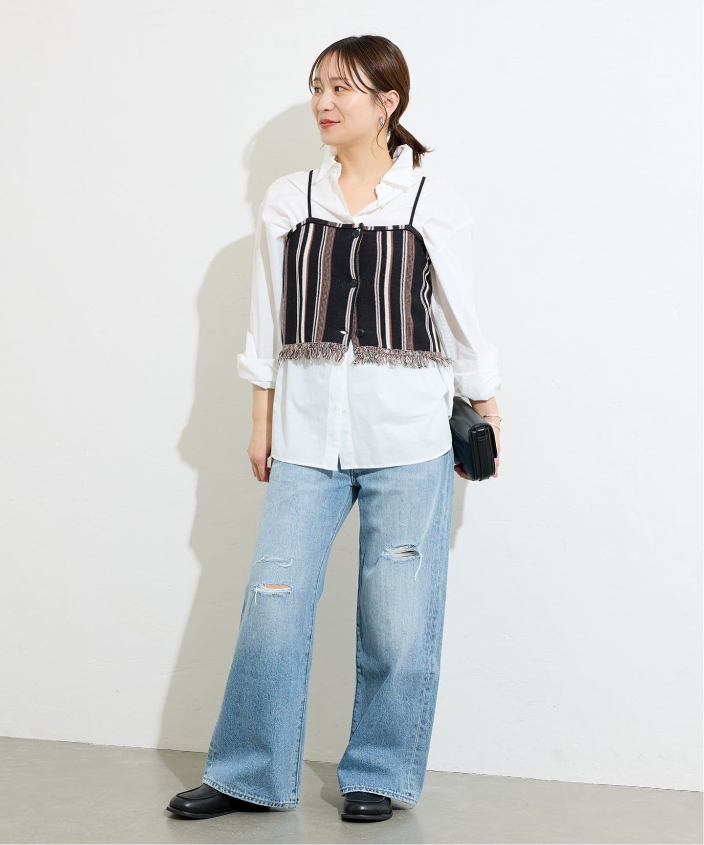 PINUE/ストライプギャザービスチェ ピンストライプワイドパンツ×ビスチェ 2点SET 春[品番