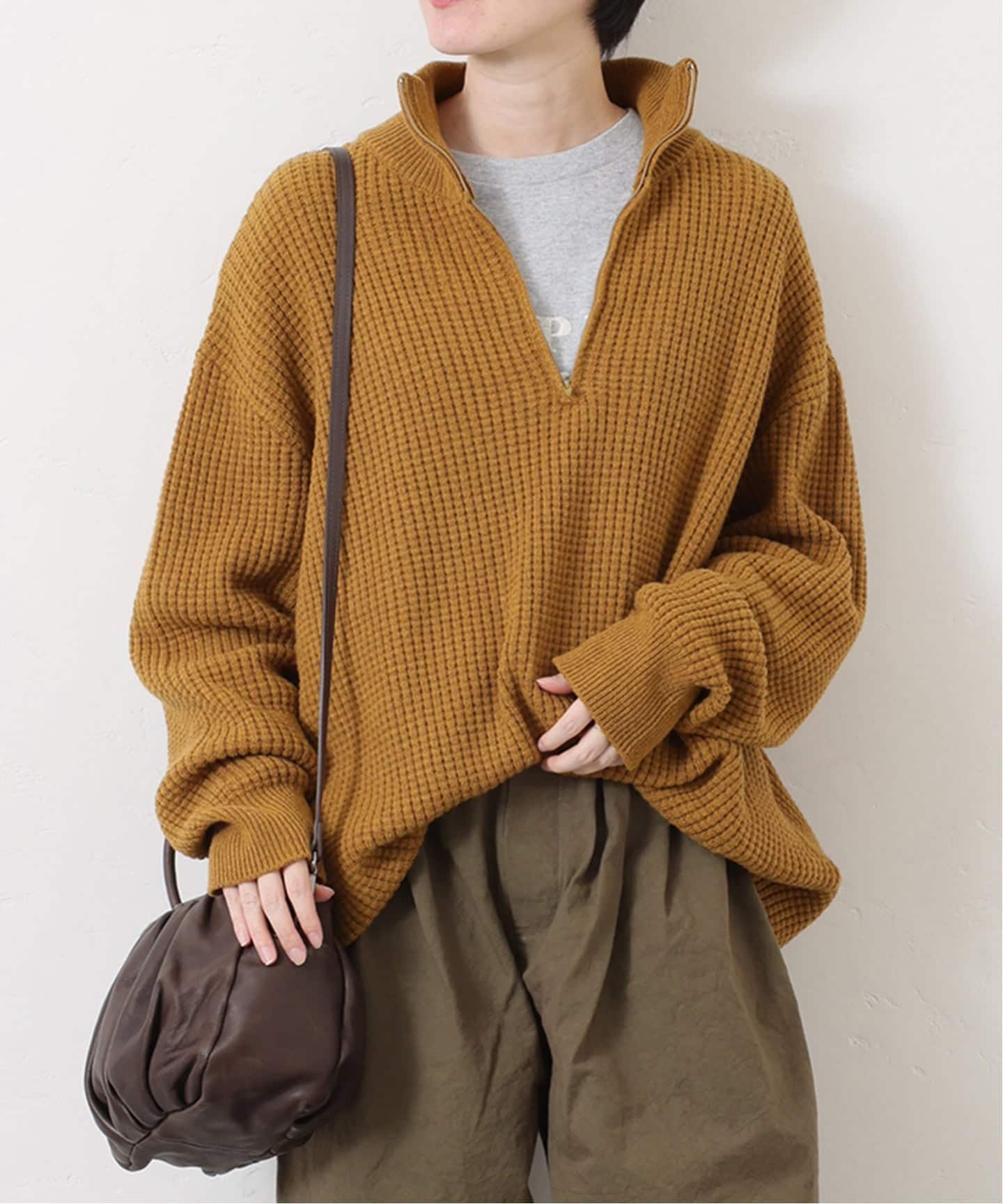 ウールMIXワッフル ハーフZip-プルオーバー（ニット／セーター