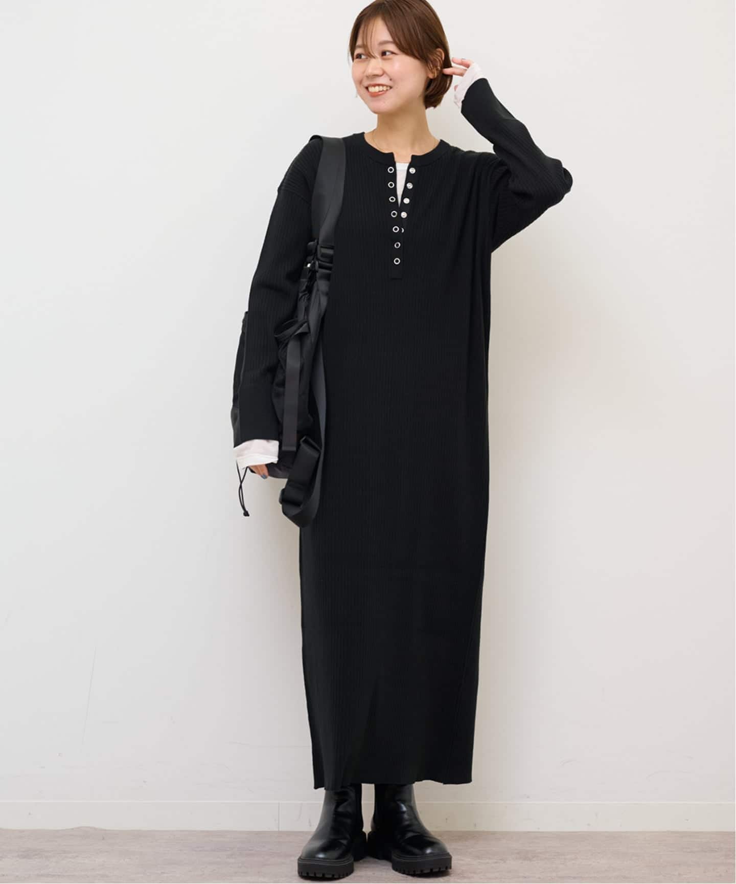 MULTI FUNC+】ヘンリーネックニットワンピース（ニットワンピース