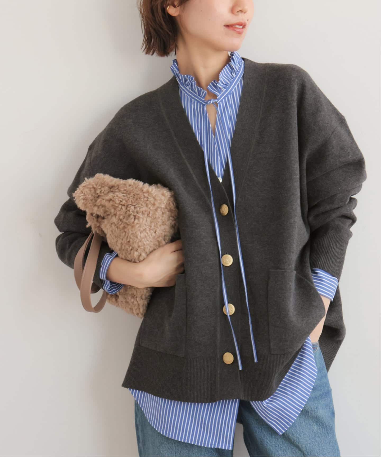 追加》[25AW新作］コットンカシミヤミックスダブルニットVネック