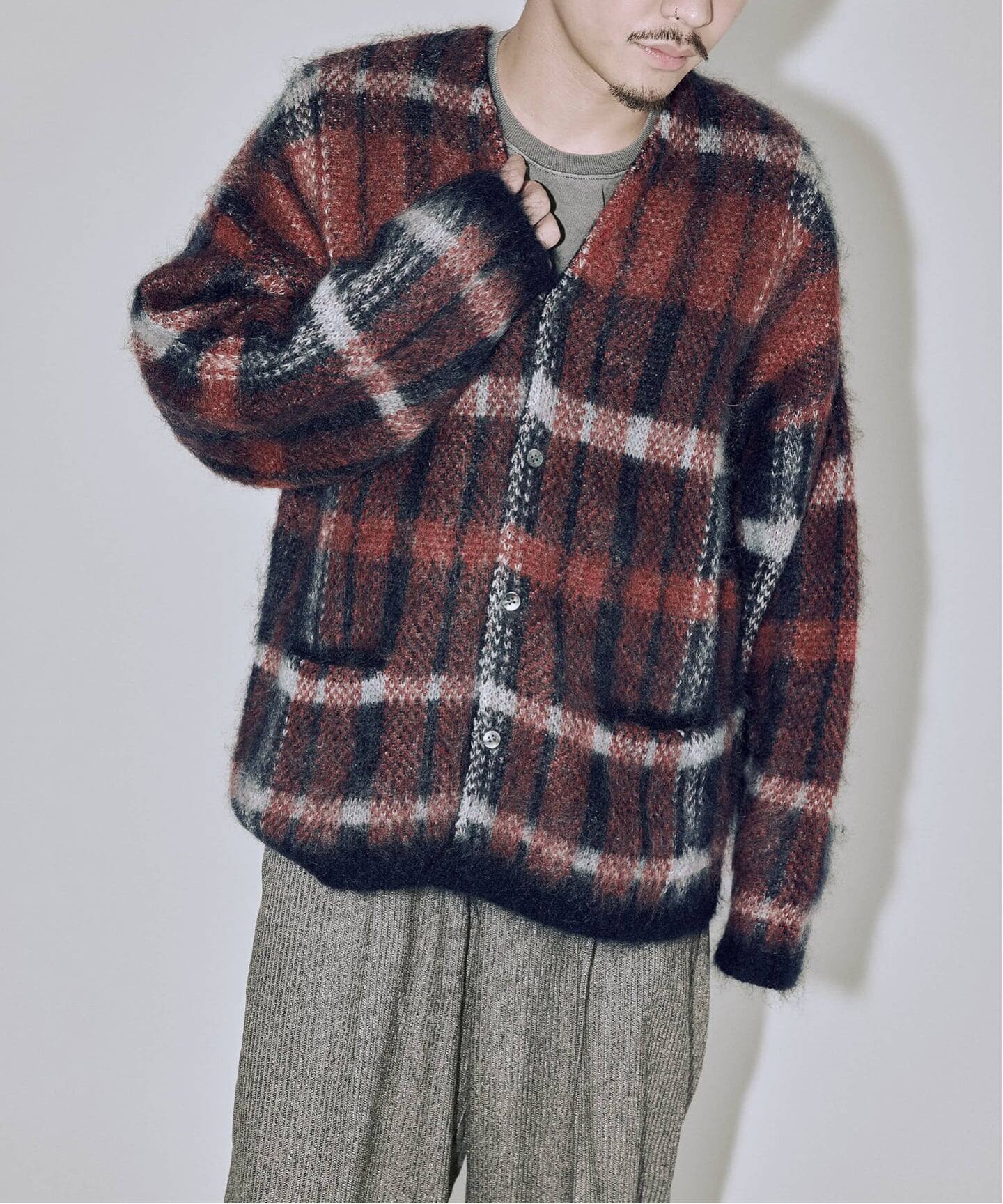 Stead / ステッド モヘヤ ミックス プレイド カーディガン