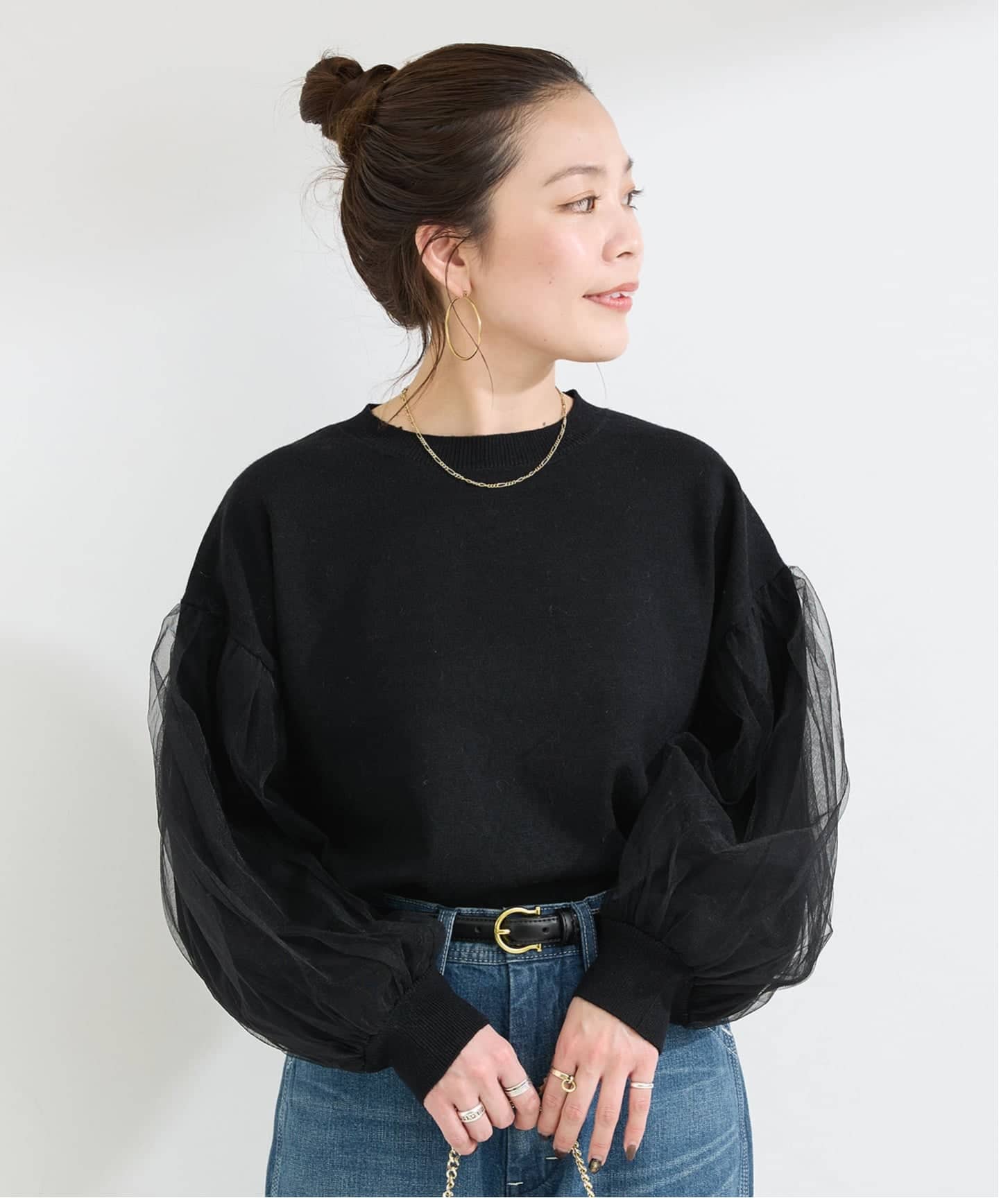 袖チュールニット b-chad ブラック 手洗い可 / チュール袖ニット（ニット／セーター）｜B.C STOCK（ベー