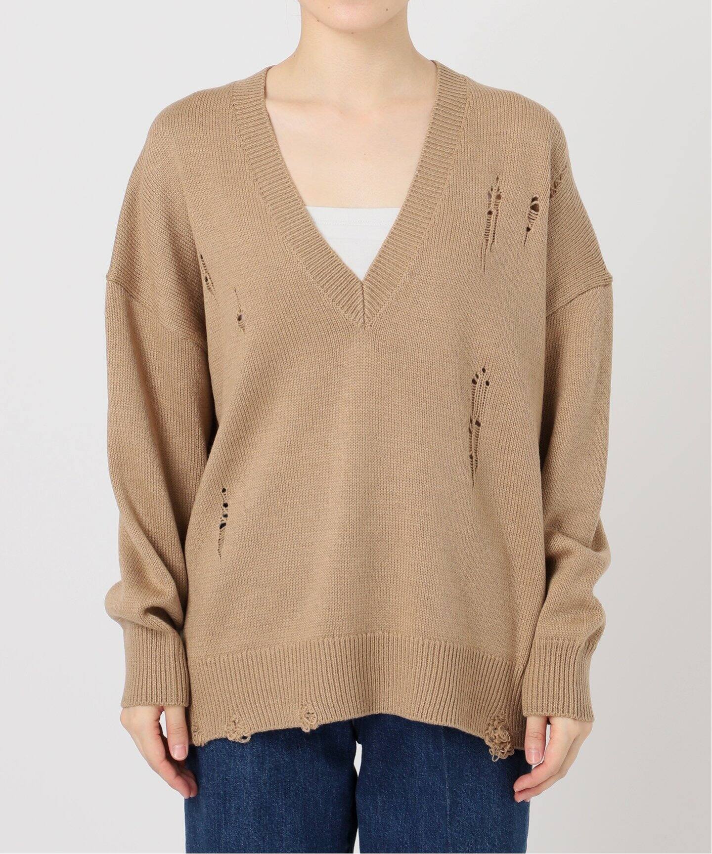 ビンテージ　イタリアメイド　vネックウールニット 手洗い可 / ディープVネックダメージニット（ニット／セーター）｜B.C