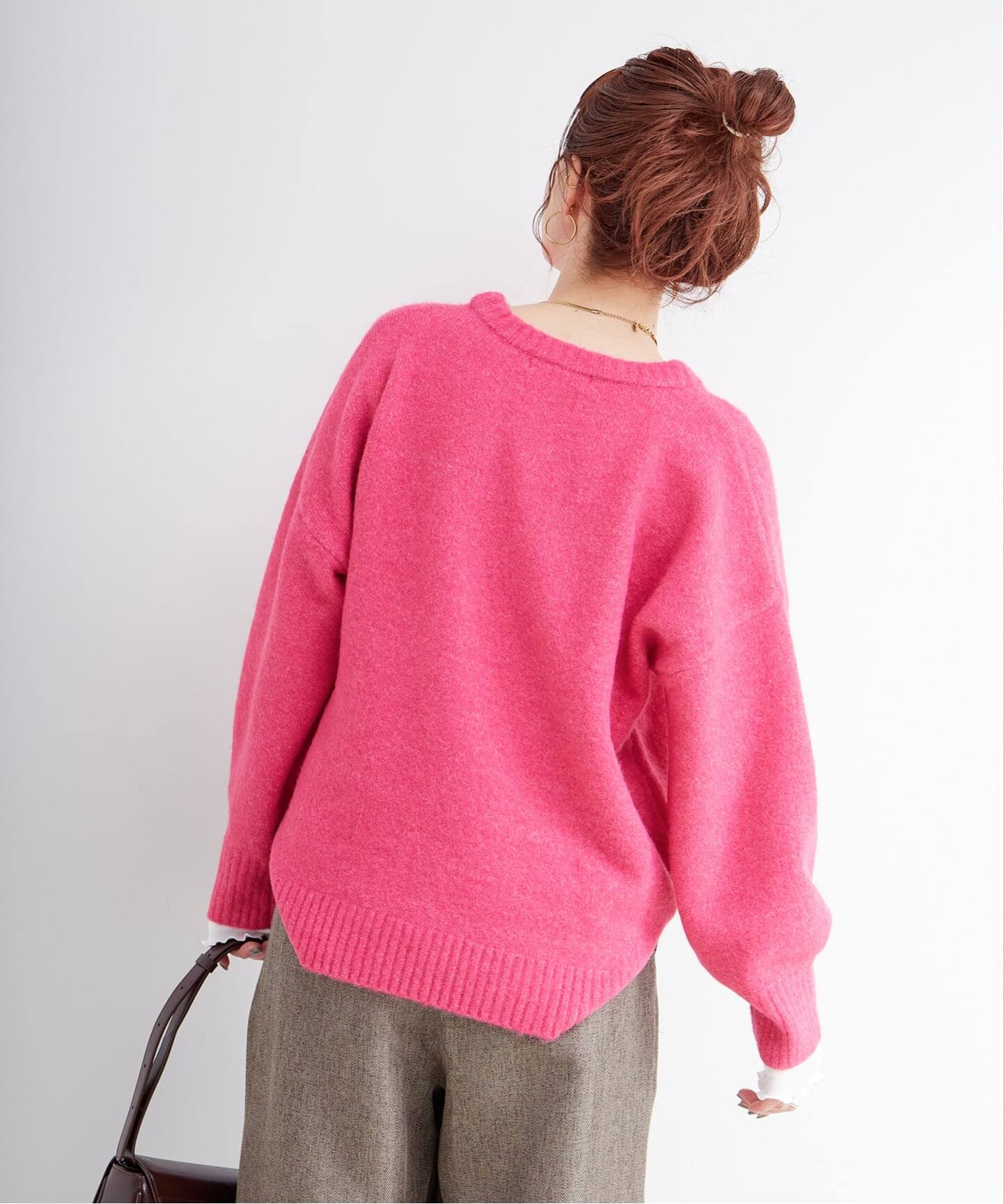 美品✦ヘヨンHYEON/ボートネックニットF/ピンク/♡カットマーク/袖先フリル 手洗い可 / WOOLMIXクルーネックプルオーバー（ニット／セーター