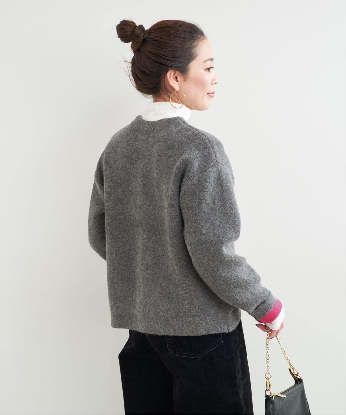 B.C STOCK 2層スムース編みニットブルゾン グレー×ピンク 追加3》2層スムース編みニットブルゾン（カーディガン）｜B.C STOCK