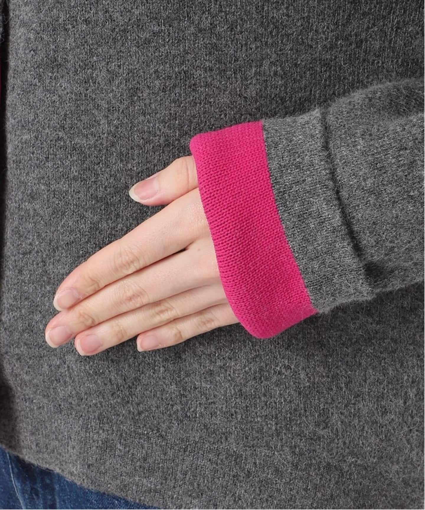 B.C STOCK 2層スムース編みニットブルゾン グレー×ピンク B.C STOCK（ベーセーストック） カーディガン 「WEB＋一部店舗限定」2