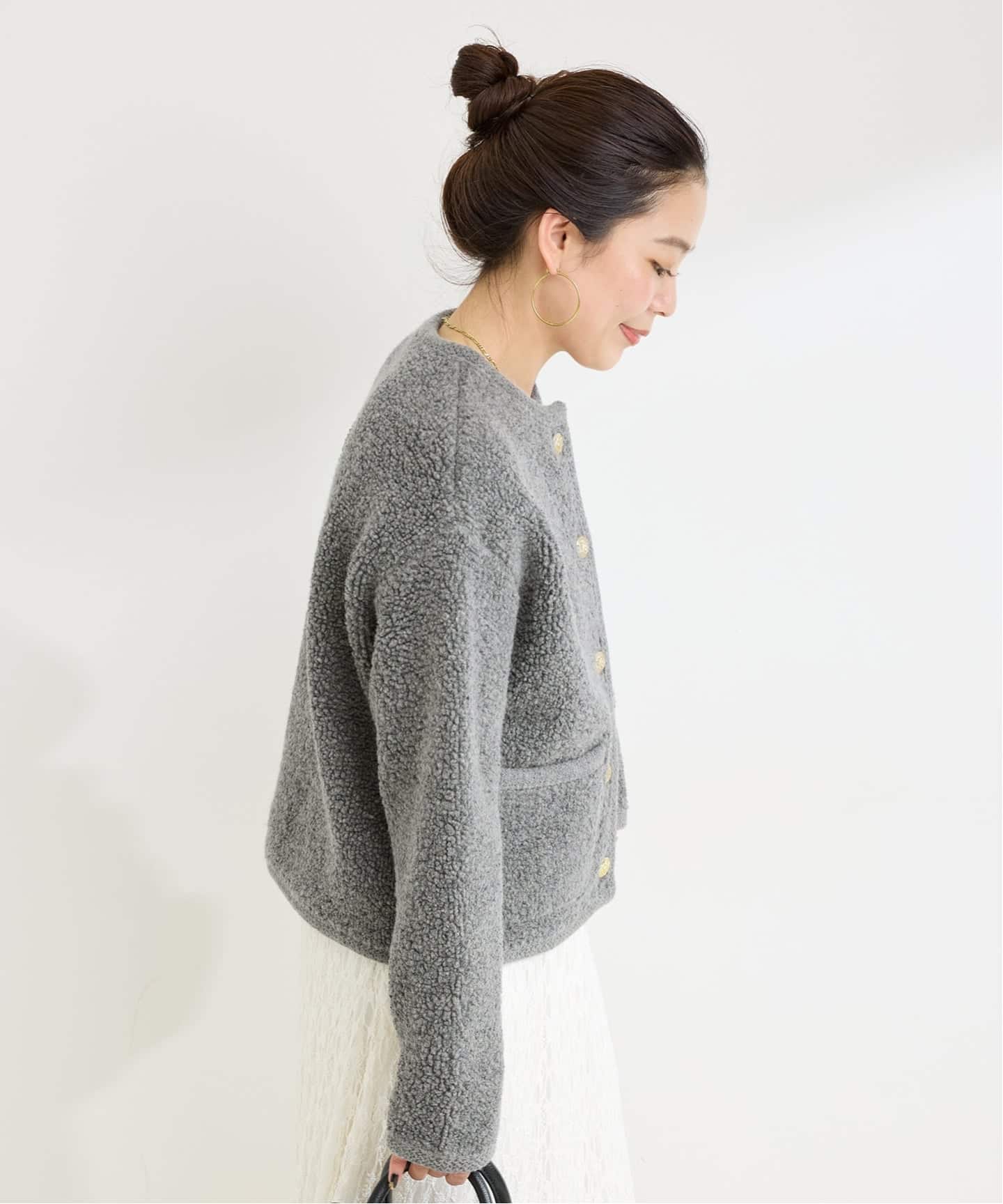 【レッセ・パッセ】ビジューボタンショートカーディガン　イエロー　３８ レッセ・パッセ】ビジューボタンショートカーディガン イエロー