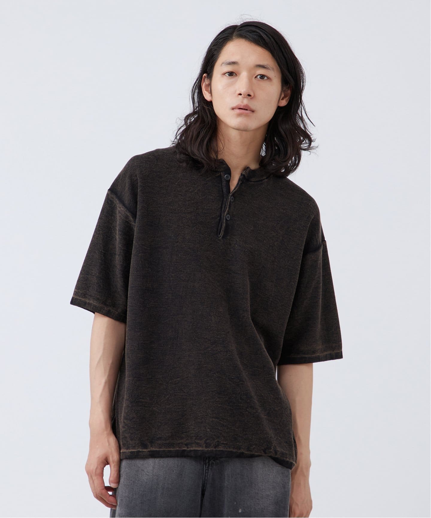 フェード加工 ヘンリーネック 半袖ニット（ニット／セーター