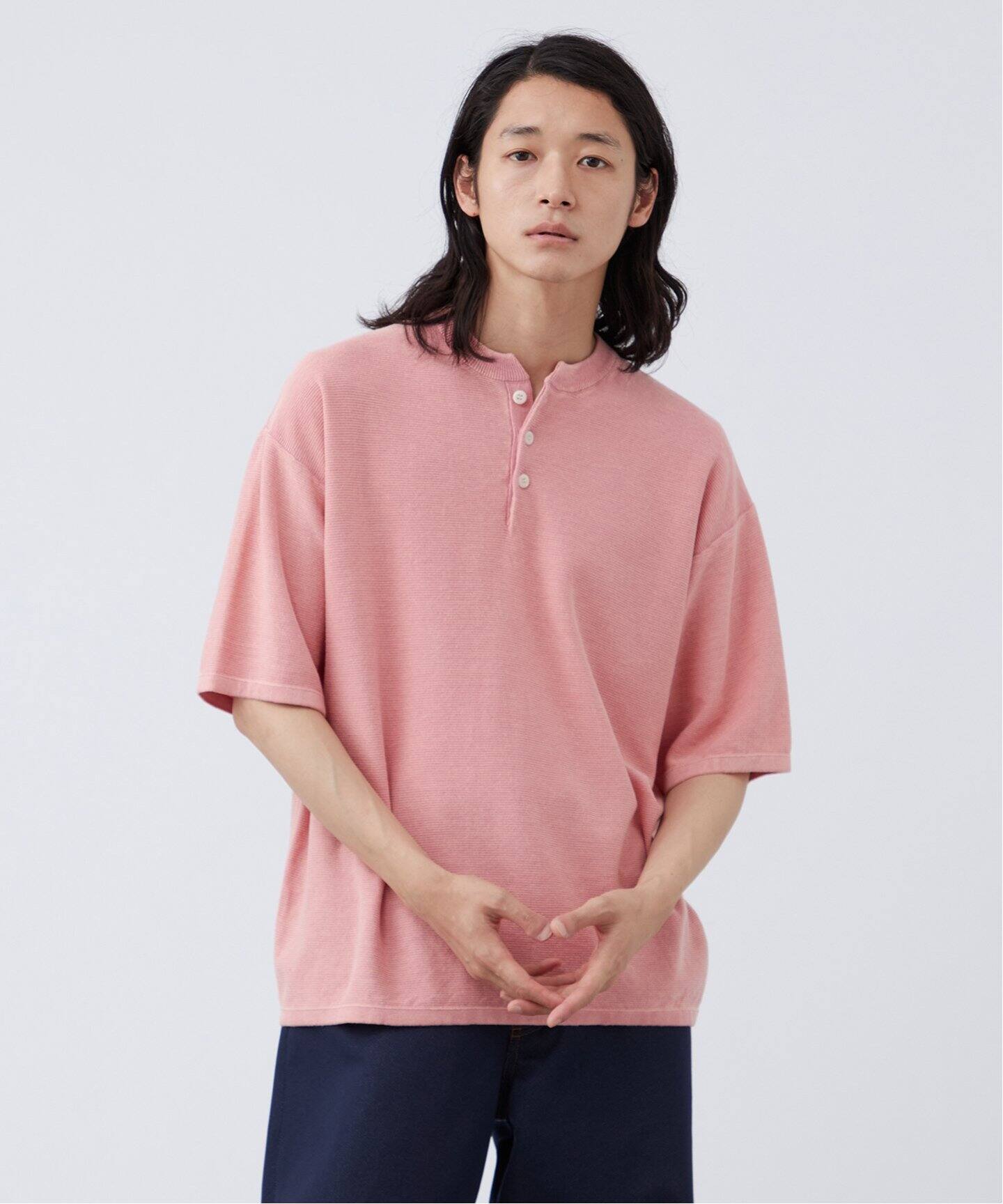 フェード加工 ヘンリーネック 半袖ニット（ニット／セーター）｜B.C