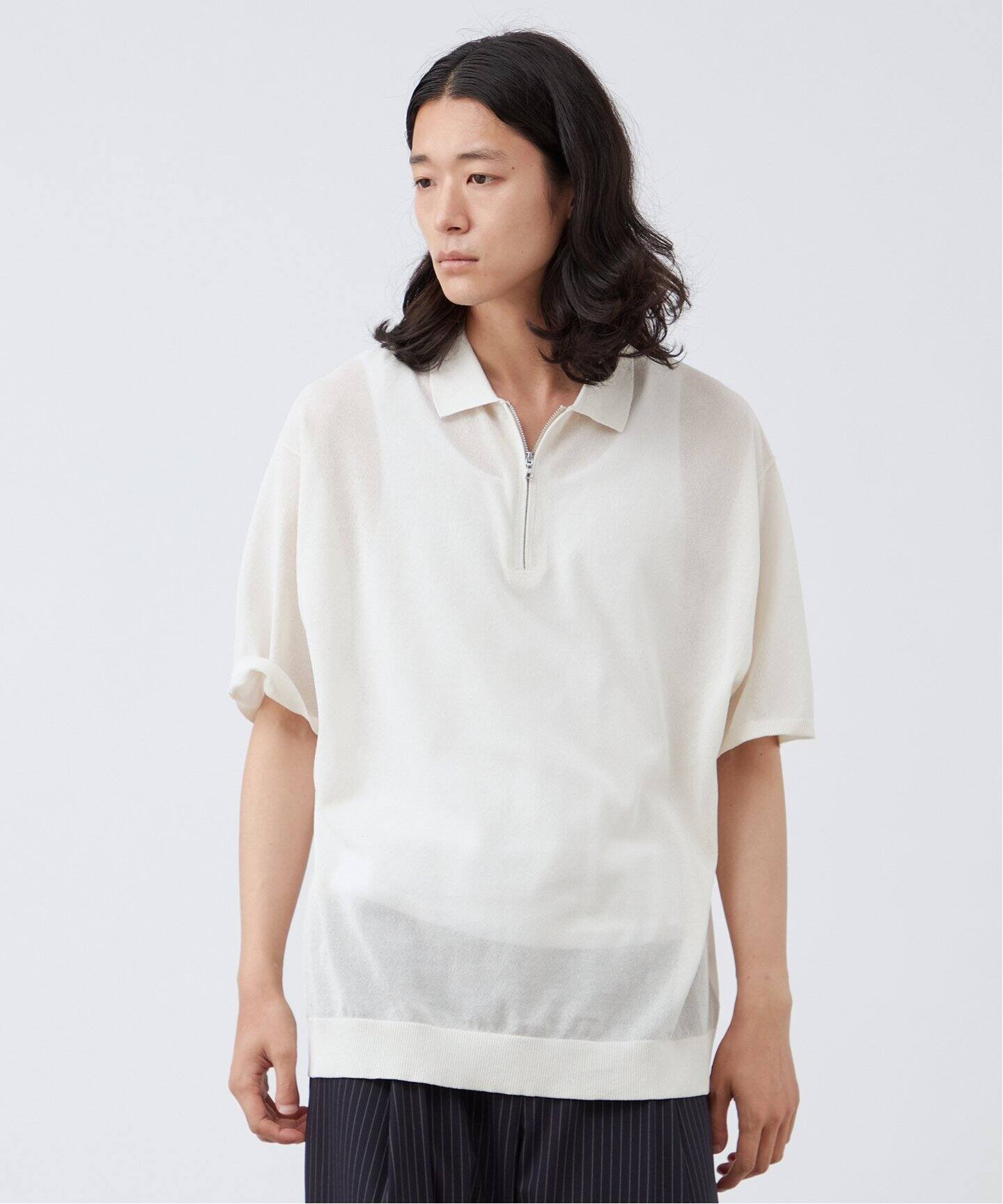 BOYCOM/ボイコム】和紙 ジップ ハーフスリーブポロニット（ニット
