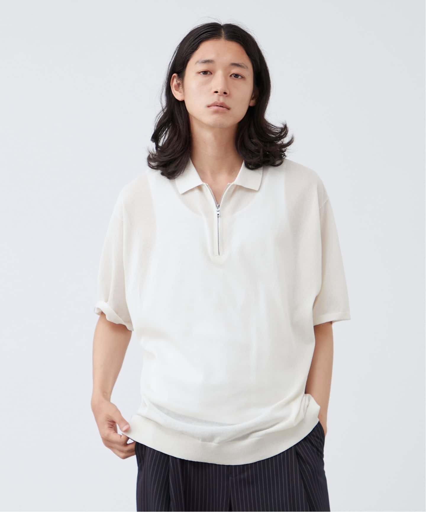 BOYCOM/ボイコム】和紙 ジップ ハーフスリーブポロニット（ニット
