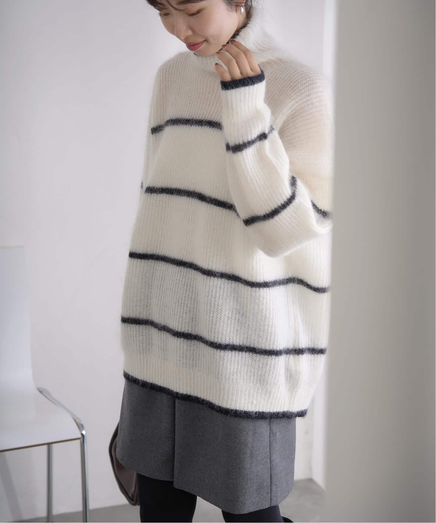 モヘヤミックスボーダーハイネックプルオーバー（ニット／セーター