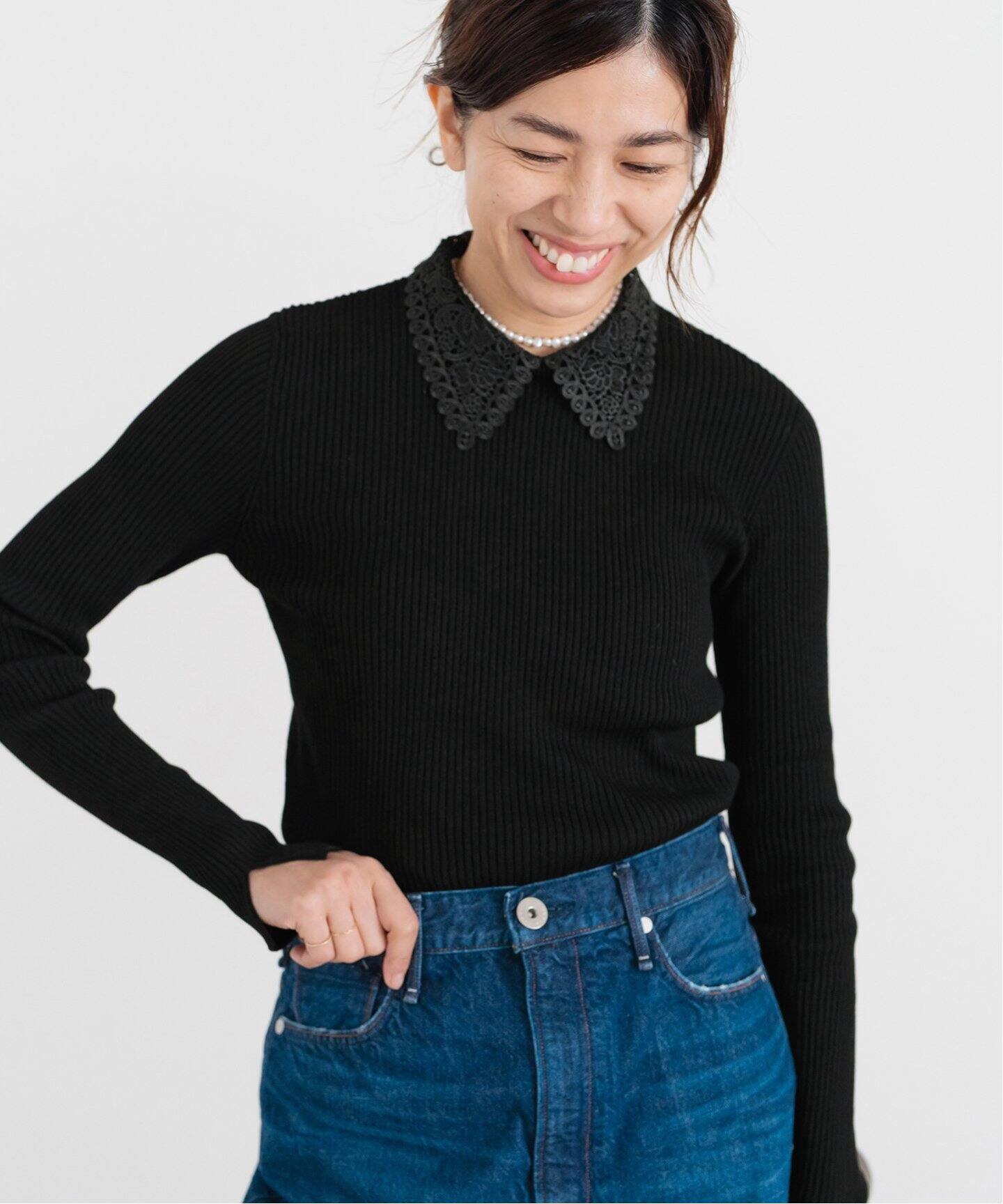 レース襟ホールガーメント リブプルオーバー（ニット／セーター