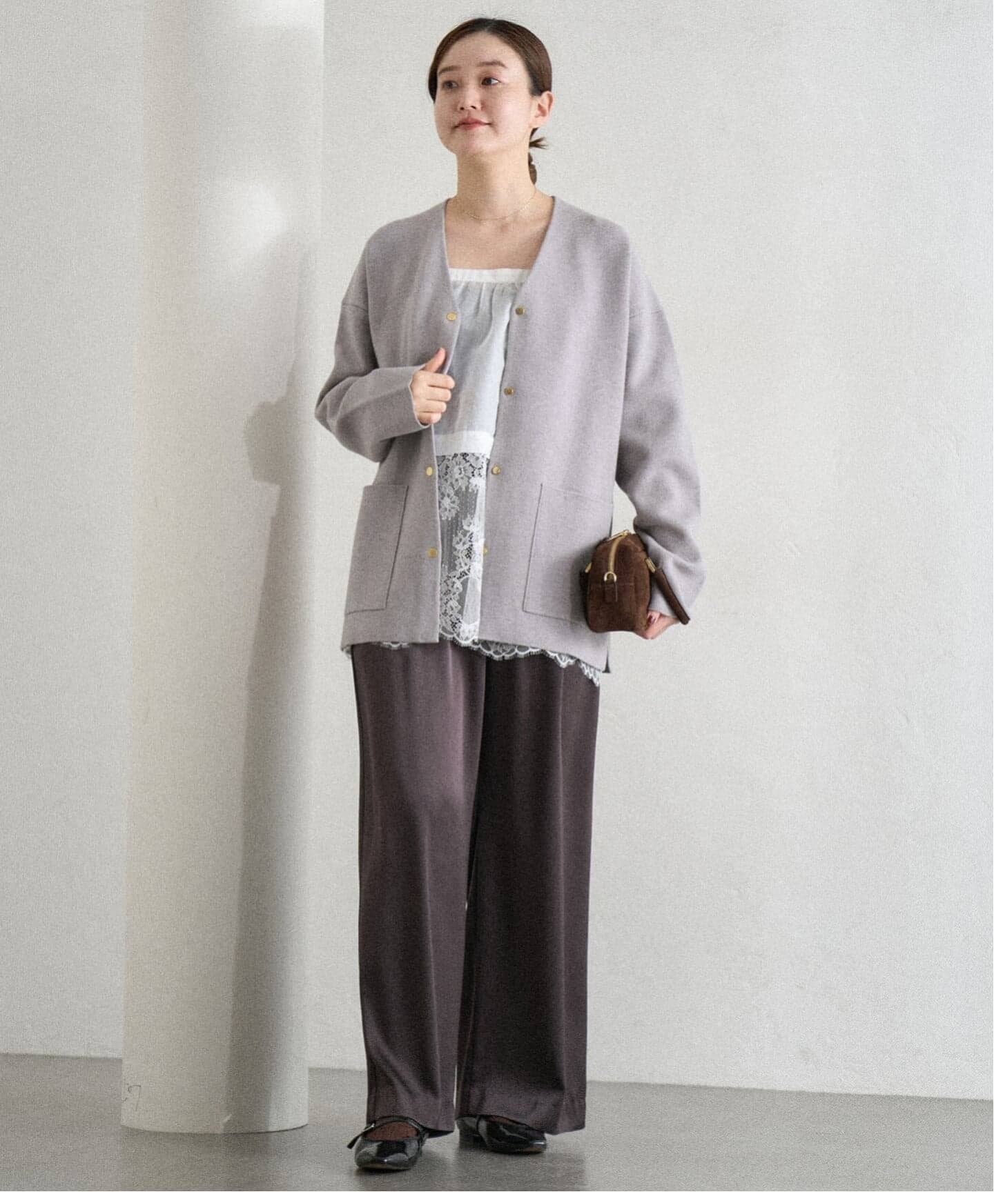 【美品】IENA✨Vネック カーディガン グレー ウール100 長袖 フリー 追加》ドットボタンVネックカーディガン（カーディガン）｜IENA