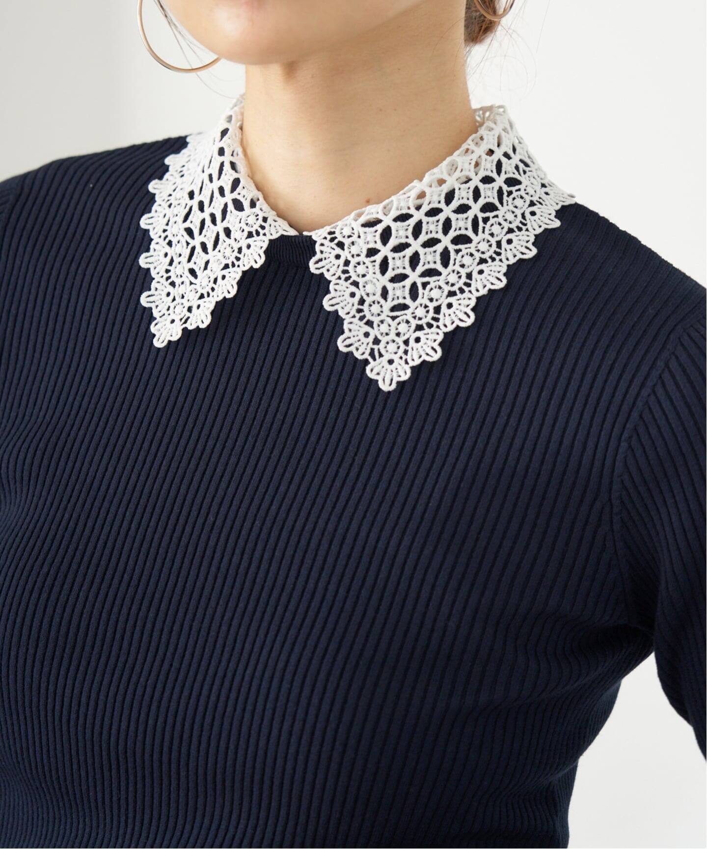 2025SS　美品　イエナ レース襟ホールガーメント　リブニット 紺F　IENA IENA ニット セーター レース襟 RIBホールガーメントプル