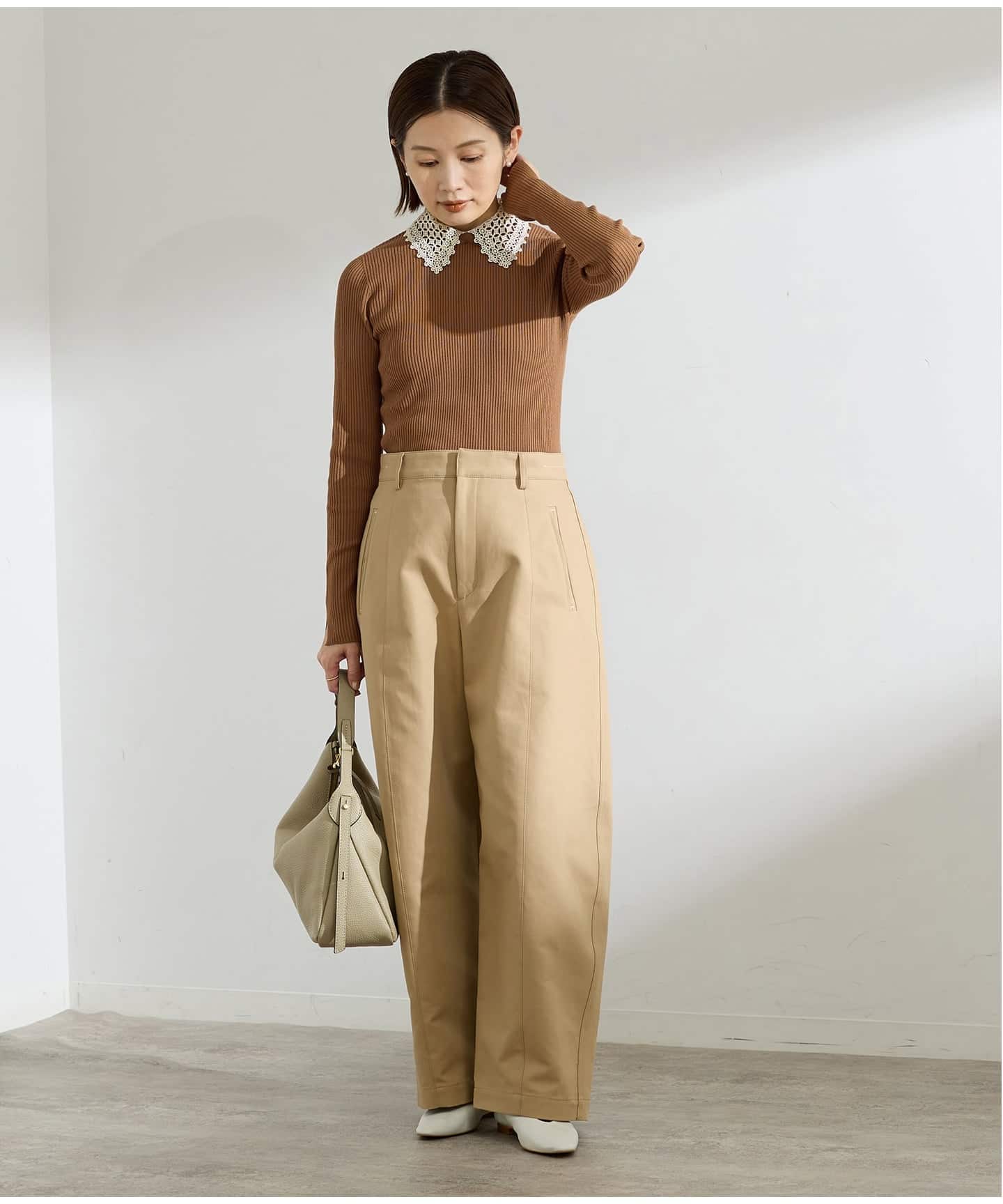 IENA レース襟ホールガーメントリブプルオーバー ネイビー 追加予約》レース襟 RIBホールガーメントプルオーバー（ニット