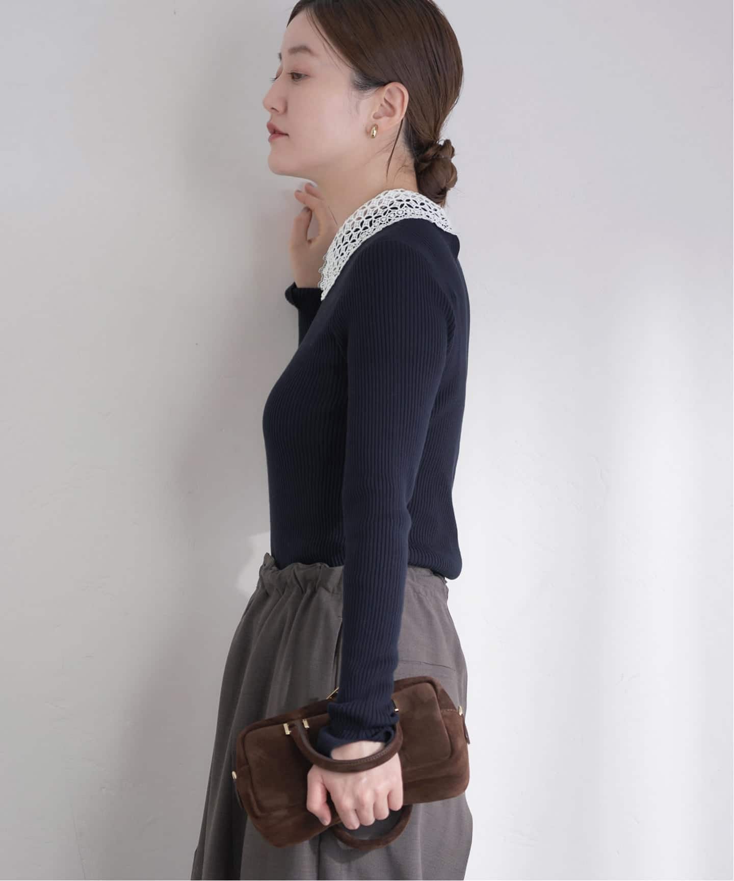 IENA レース襟ホールガーメントリブプルオーバー ネイビー イエナ IENA 《追加予約》レース襟 RIBホールガーメントプルオーバー