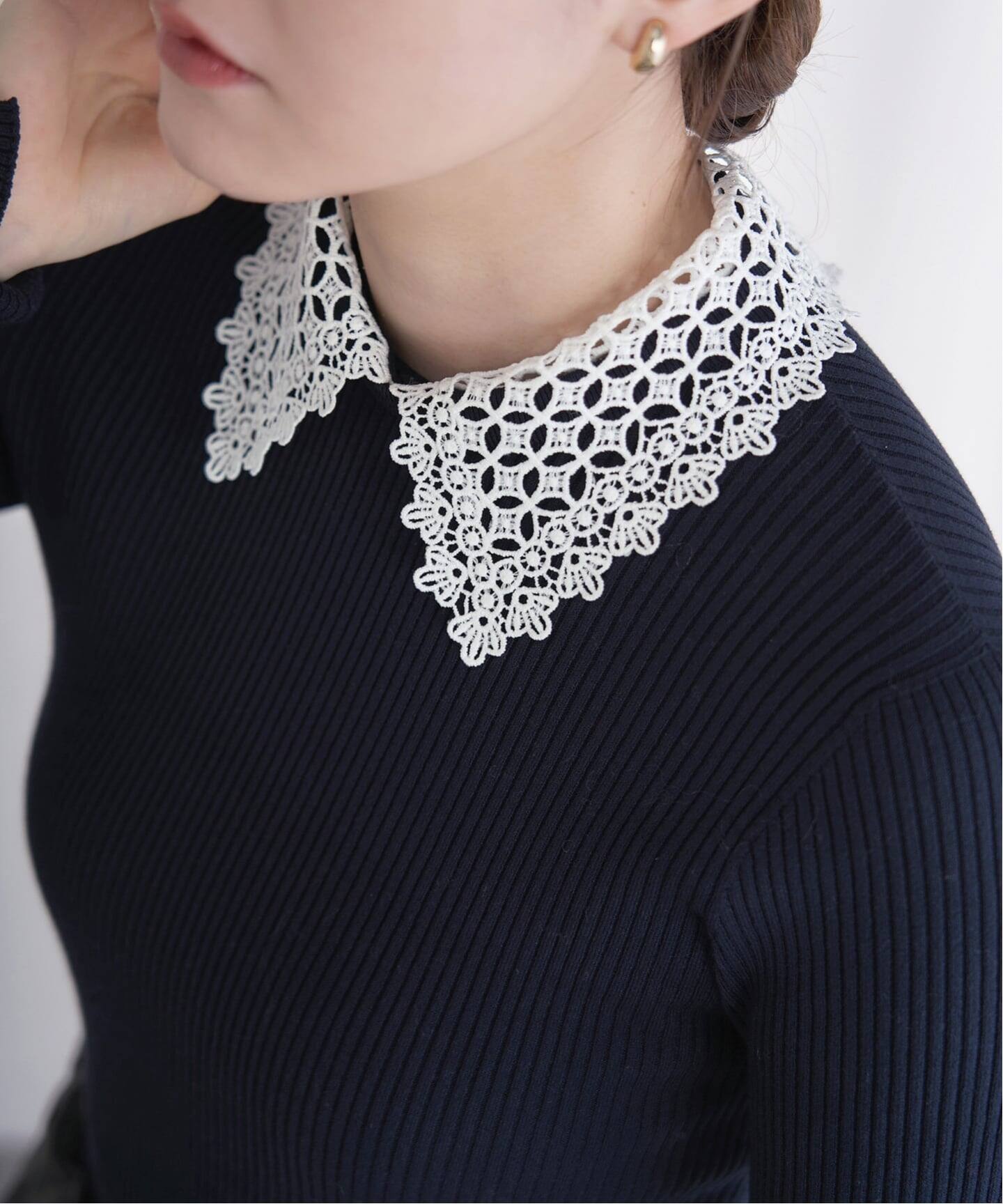 2025SS　美品　イエナ レース襟ホールガーメント　リブニット 紺F　IENA 2025SS 美品 イエナ レース襟ホールガーメント リブニット 紺F IENA