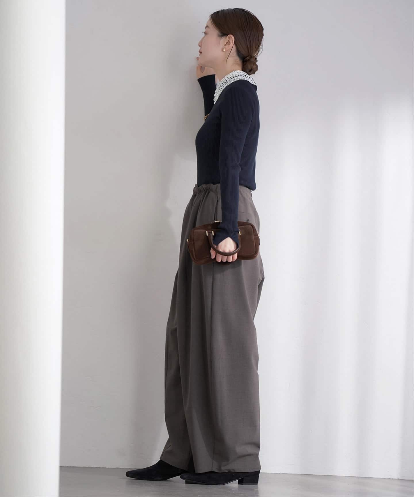 IENA レース襟ホールガーメントリブプルオーバー ネイビー IENA(イエナ)の【LEE別注】【洗える】レース衿リブホールガーメント