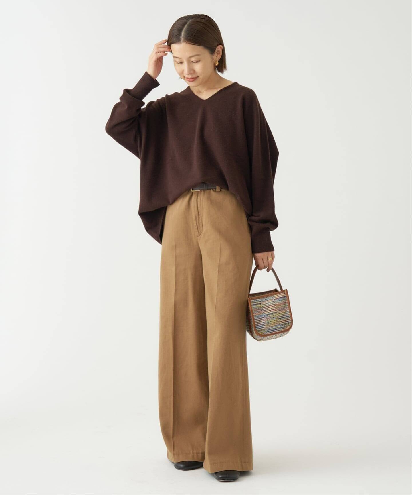 IENA FineニュージーウールニュアンスVプルオーバー　ブラウン 追加》Fineニュージーウール ニュアンス Vプルオーバー（ニット