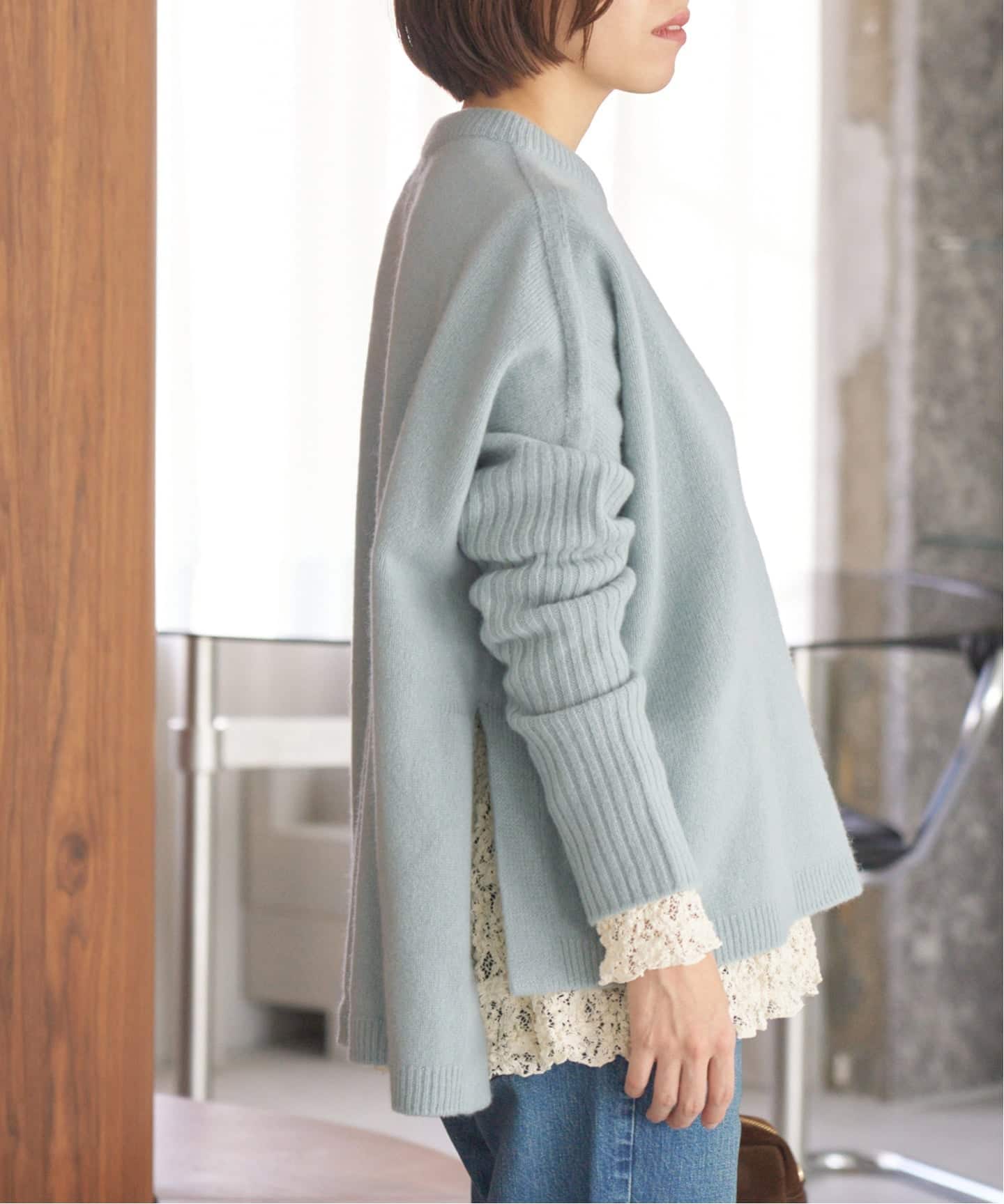 【新品タグ付】IENAイエナCERVINOプレーンカシミヤストール70*180 WEB限定/追加予約》ウールカシミヤ 脇スリットクルーネックプル