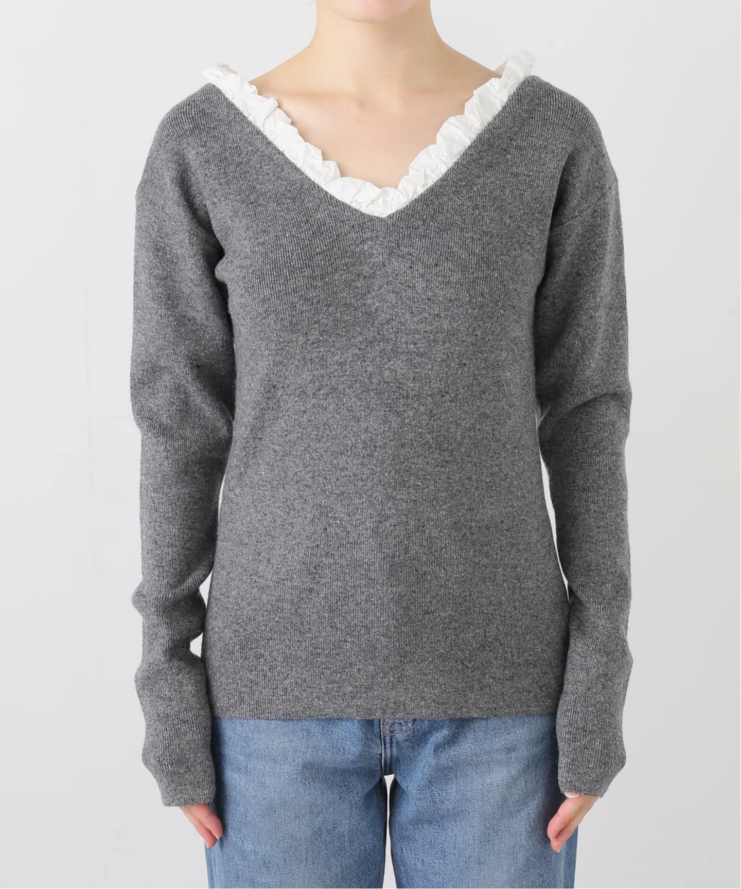 CLANE FRILL V NECK KNIT TOPS グレー クラネ CLANE 2WAY FRILL V NECK KNIT TOPS （GRAY