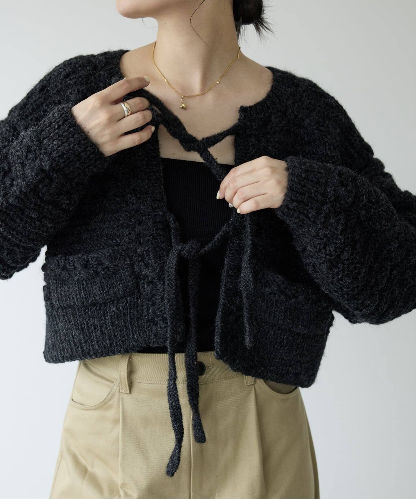 EDIFICE LA BOUCLE メッシュニットカーディガン ブラック LA BOUCLE / ラブークル】Vネック カーディガン オープンワーク