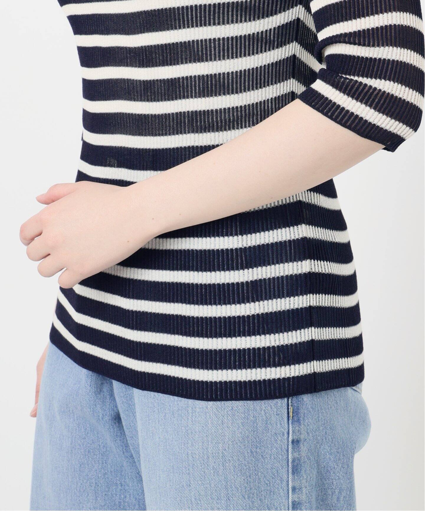 IENA LA BOUCLE 総針針抜きボーダー半袖プルオーバー（ニット