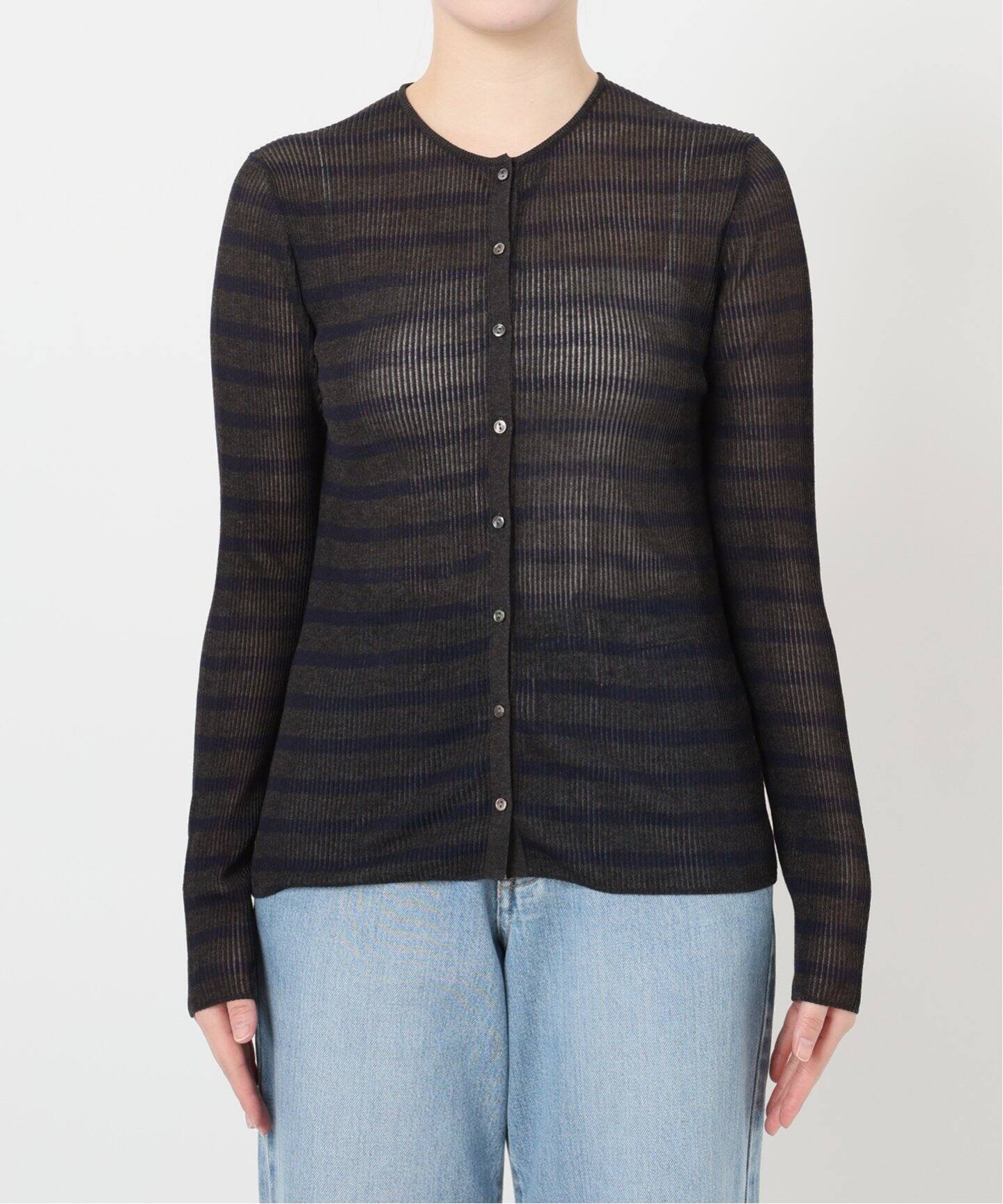 IENA LA BOUCLE ライトリブクルーネックカーディガン　ブラウン IENA LA BOUCLE 総針針抜きボーダークルーカーディガン（ニット