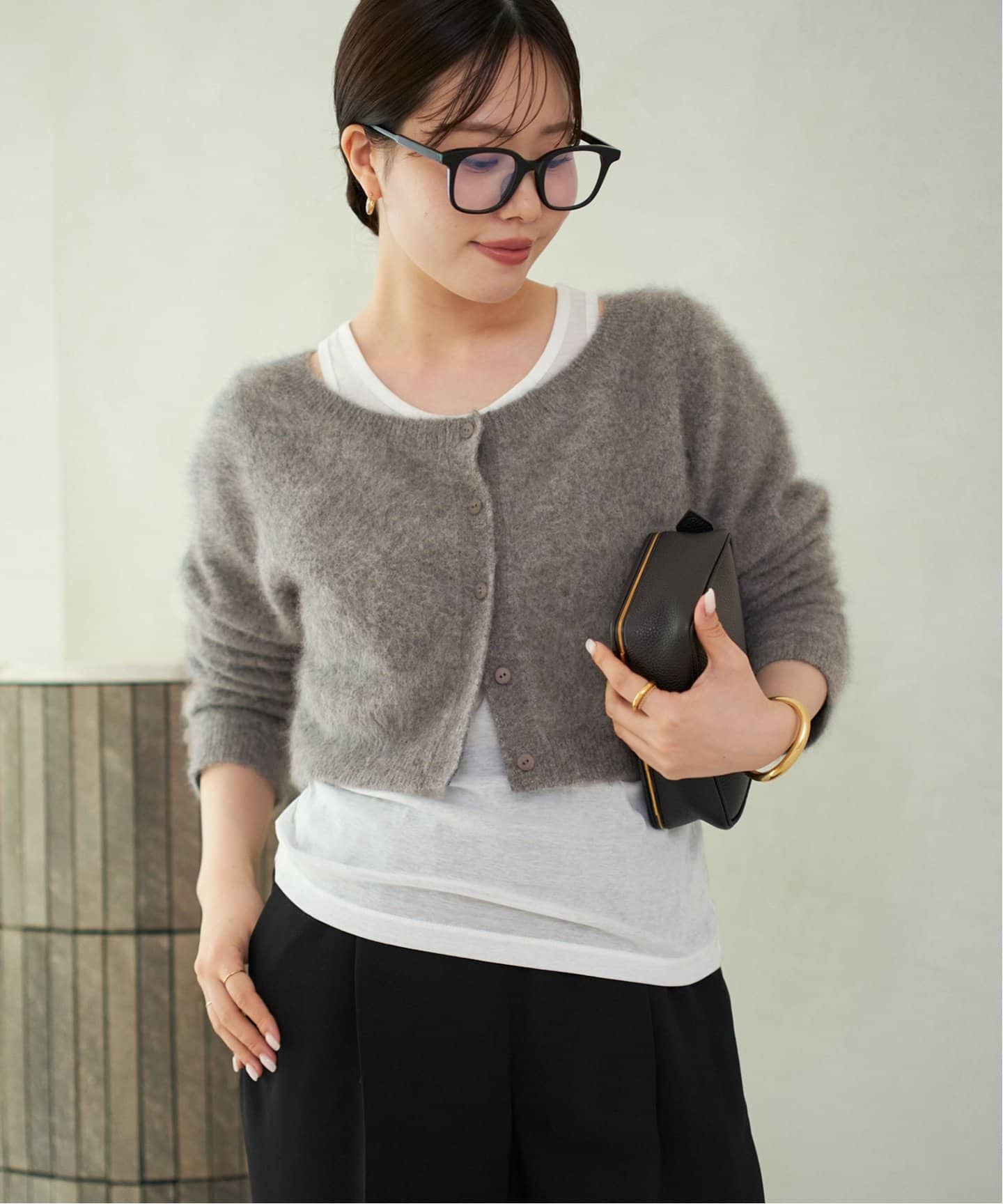Plage 日本製 ウール ノーカラー ショート丈 コート カーディガン グレー 予約》Light Fur Short カーディガン（カーディガン）｜Plage