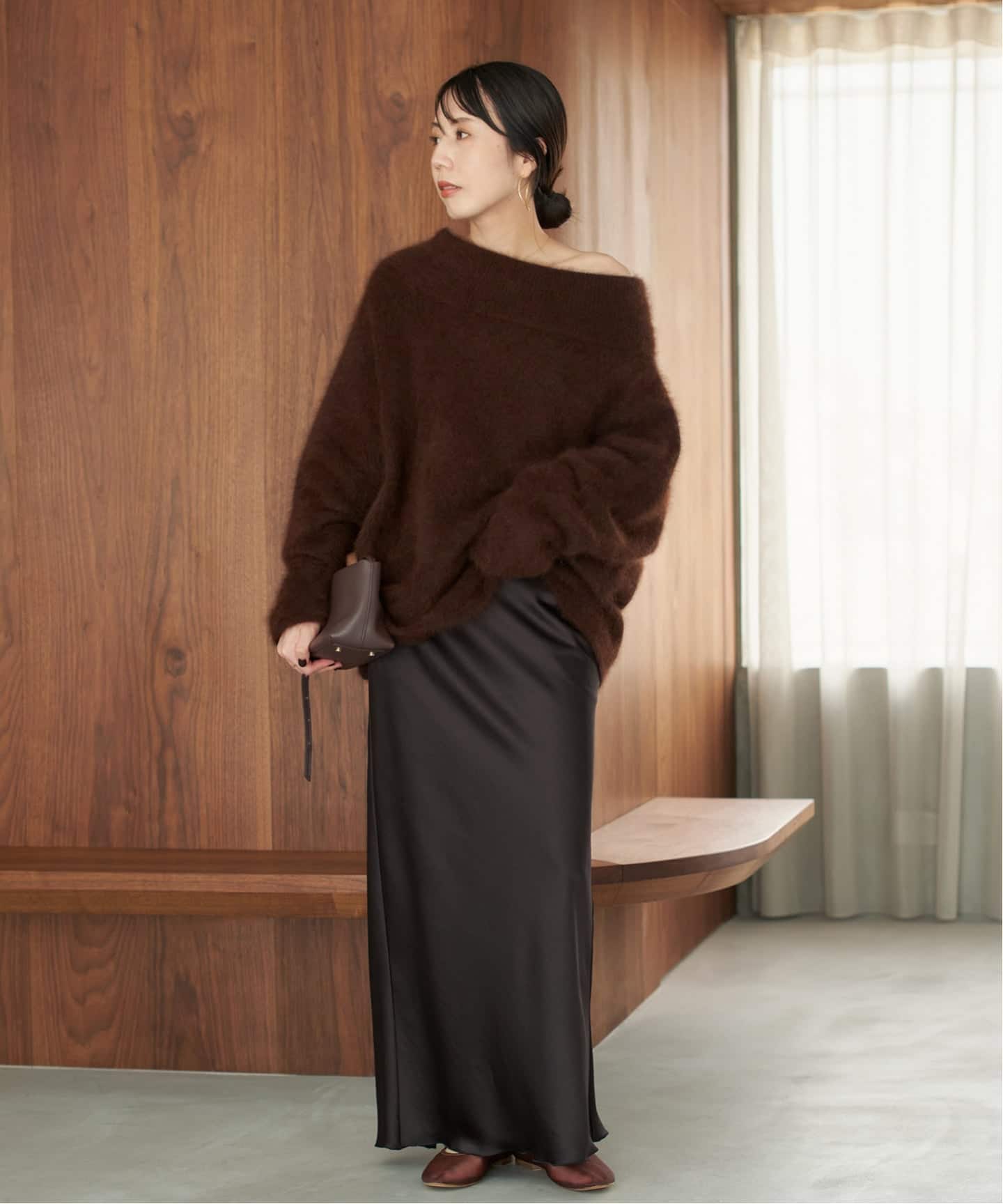 【新品未使用】Plage☆リネン混ダークブラウン長袖ニット 予約》Fur Off Neck ニット（ニット／セーター）｜Plage