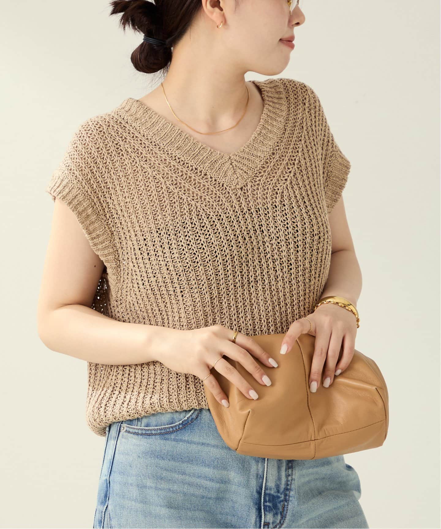 SILK-LINEN LILY Vネック ニット　ベージュ SILK-LINEN LILY Vネック ニット（ニット／セーター）｜Plage