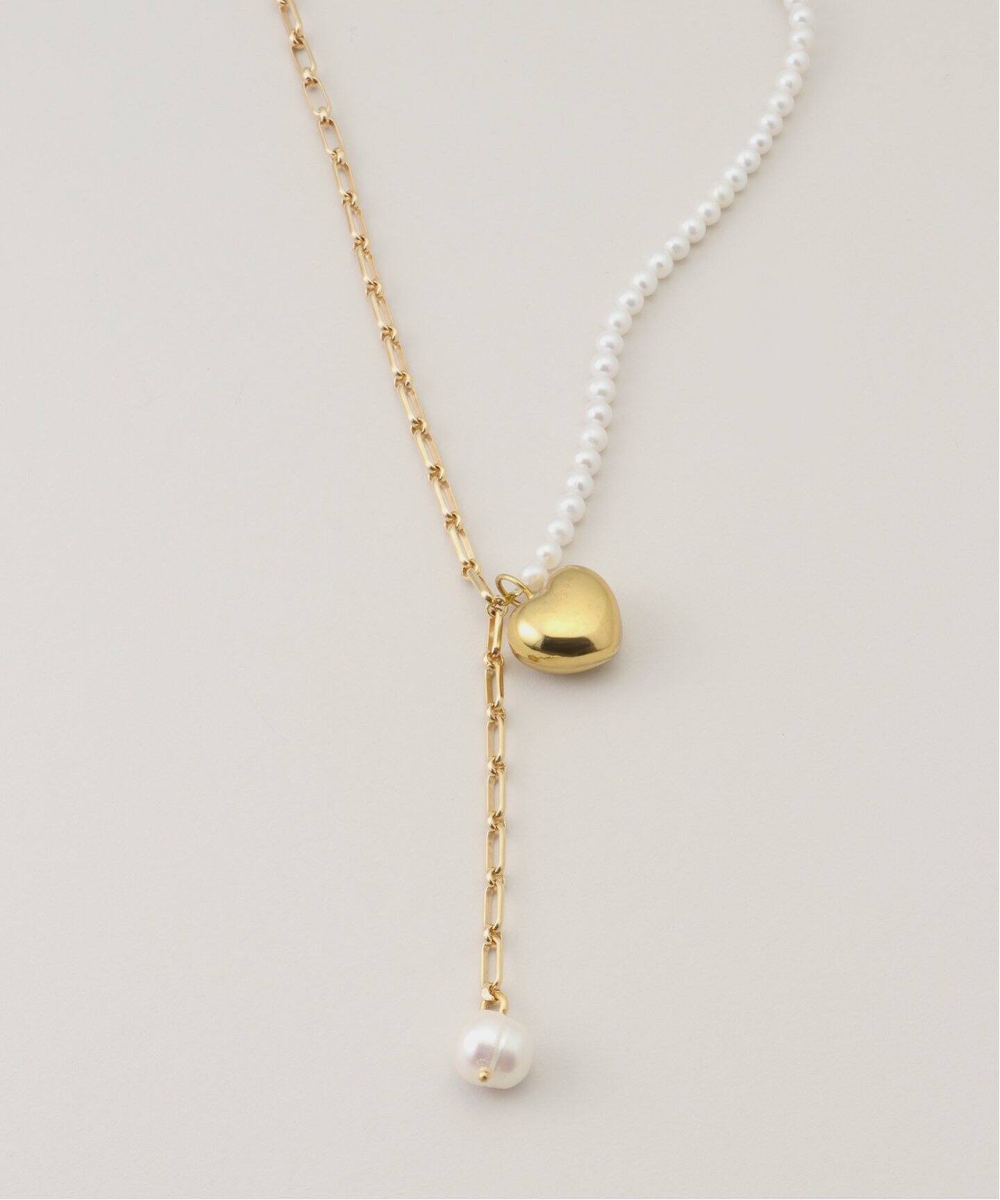 TIMELESS PEARLY】Half pearl/half chain with heart and：ネックレス 