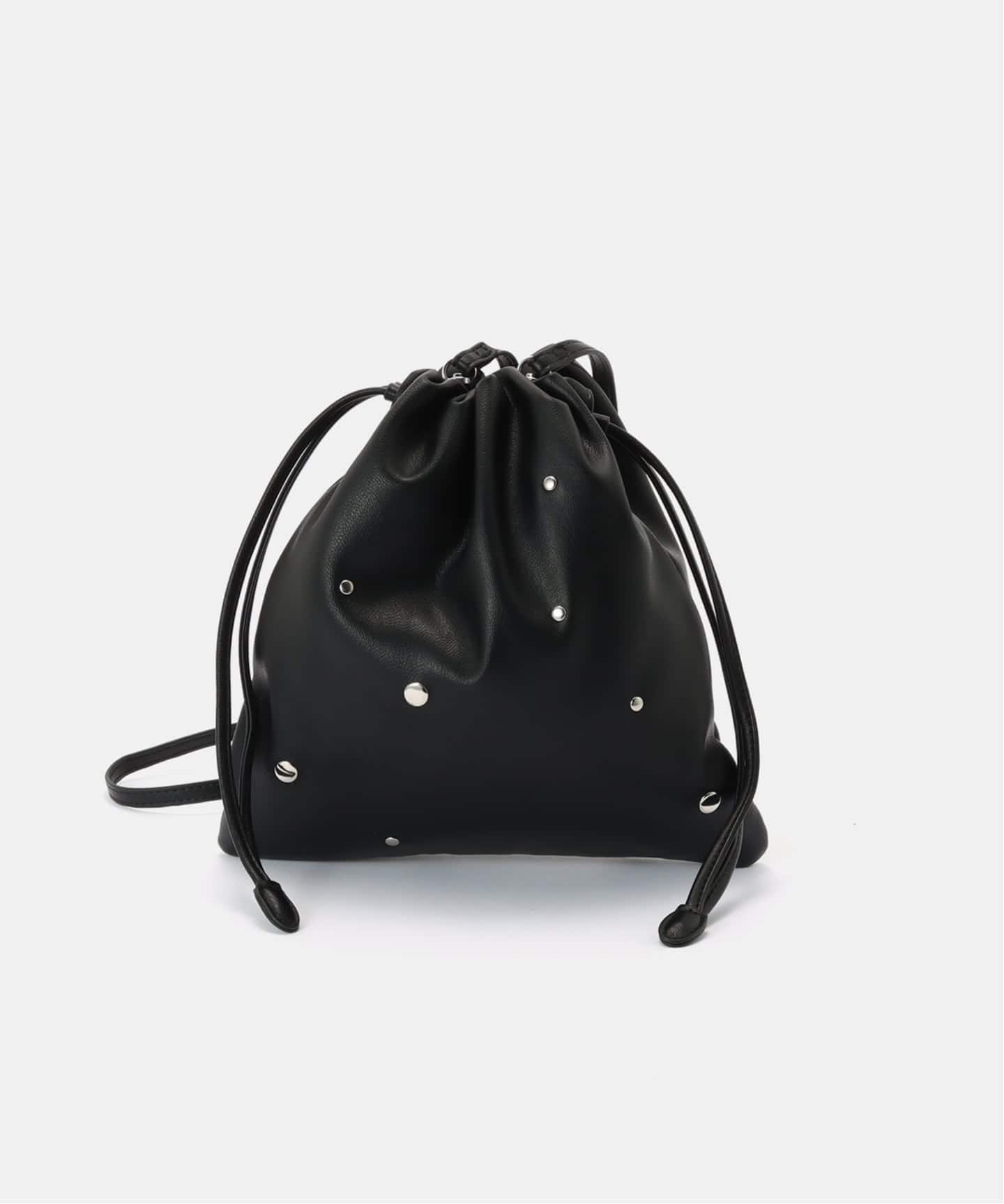 スタッズ付き黒サテン巾着バッグ スタッズ付き黒サテン巾着バッグ