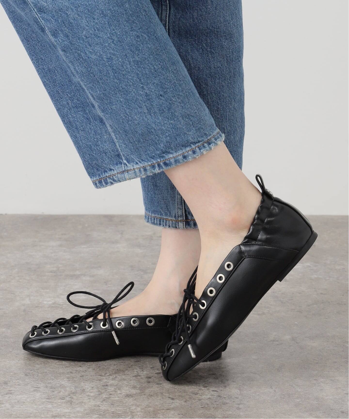GANNI ガニー　黒 レザー バレエシューズ GANNI / ガニー Eyelets Lace Up Ballerina Crinkle（バレエシューズ
