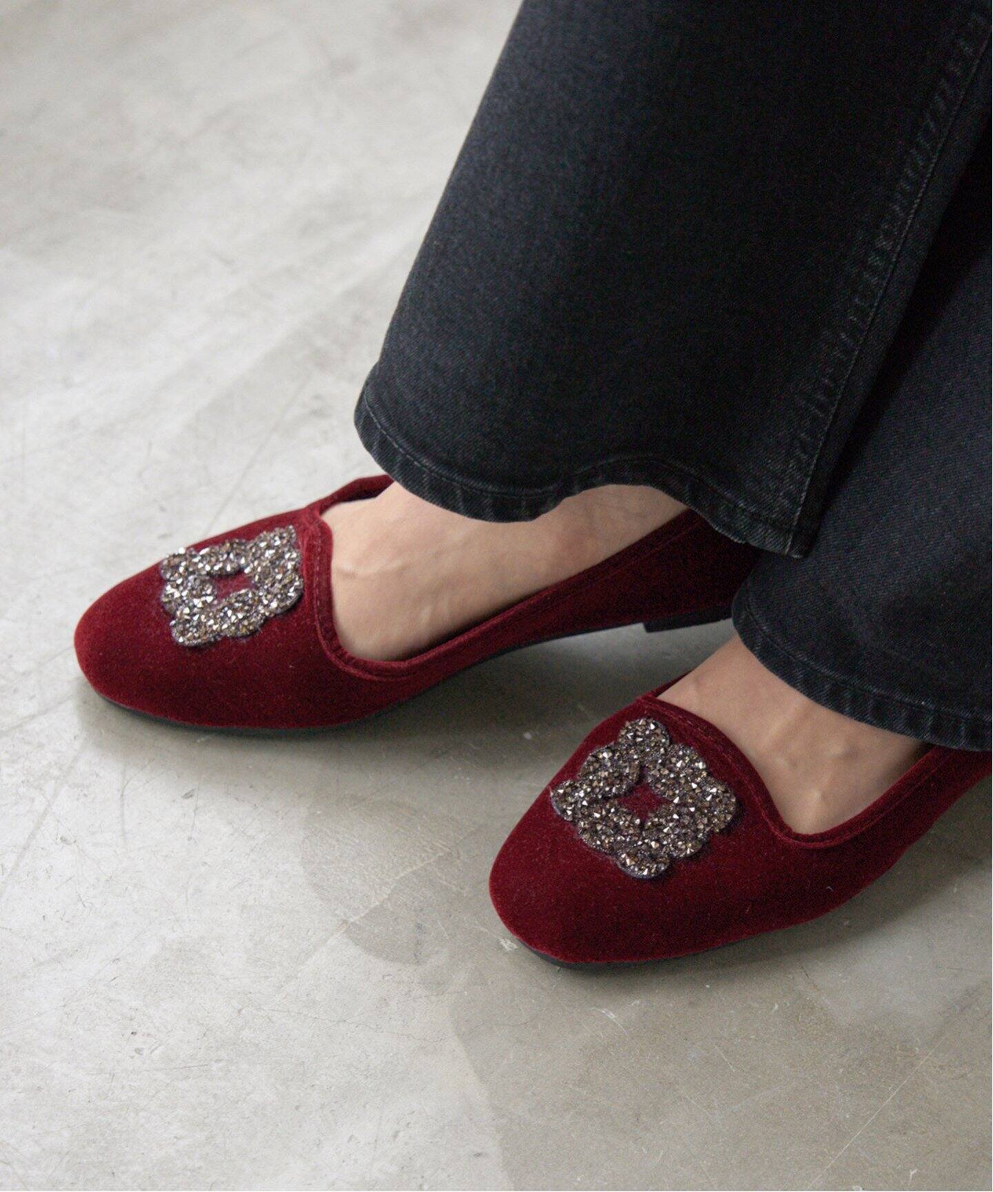 予約》MALUS/マリュス VELVET BIJOU SHOES（フラットシューズ
