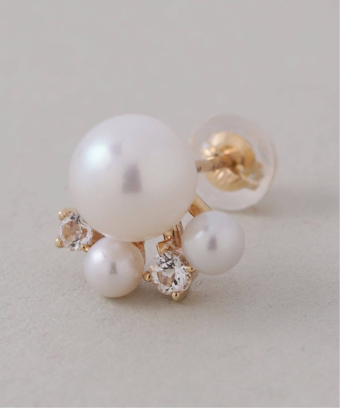 6mmパール*ホワイトトパーズピアス K10（両耳）（ピアス（両耳用