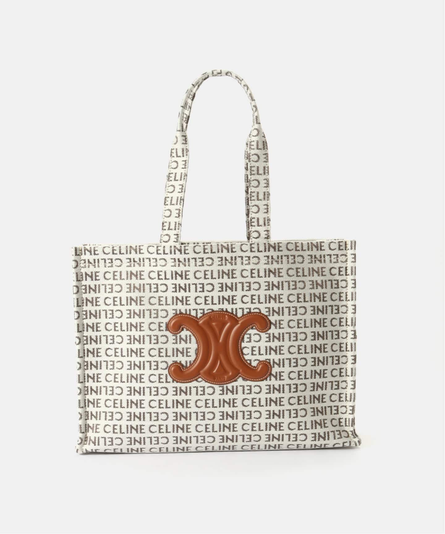 【極美品⠀】CELINE ロゴ付きトートバッグ アイボリー CELINE/セリーヌ】Cabas thais tote large triomphe（トートバッグ