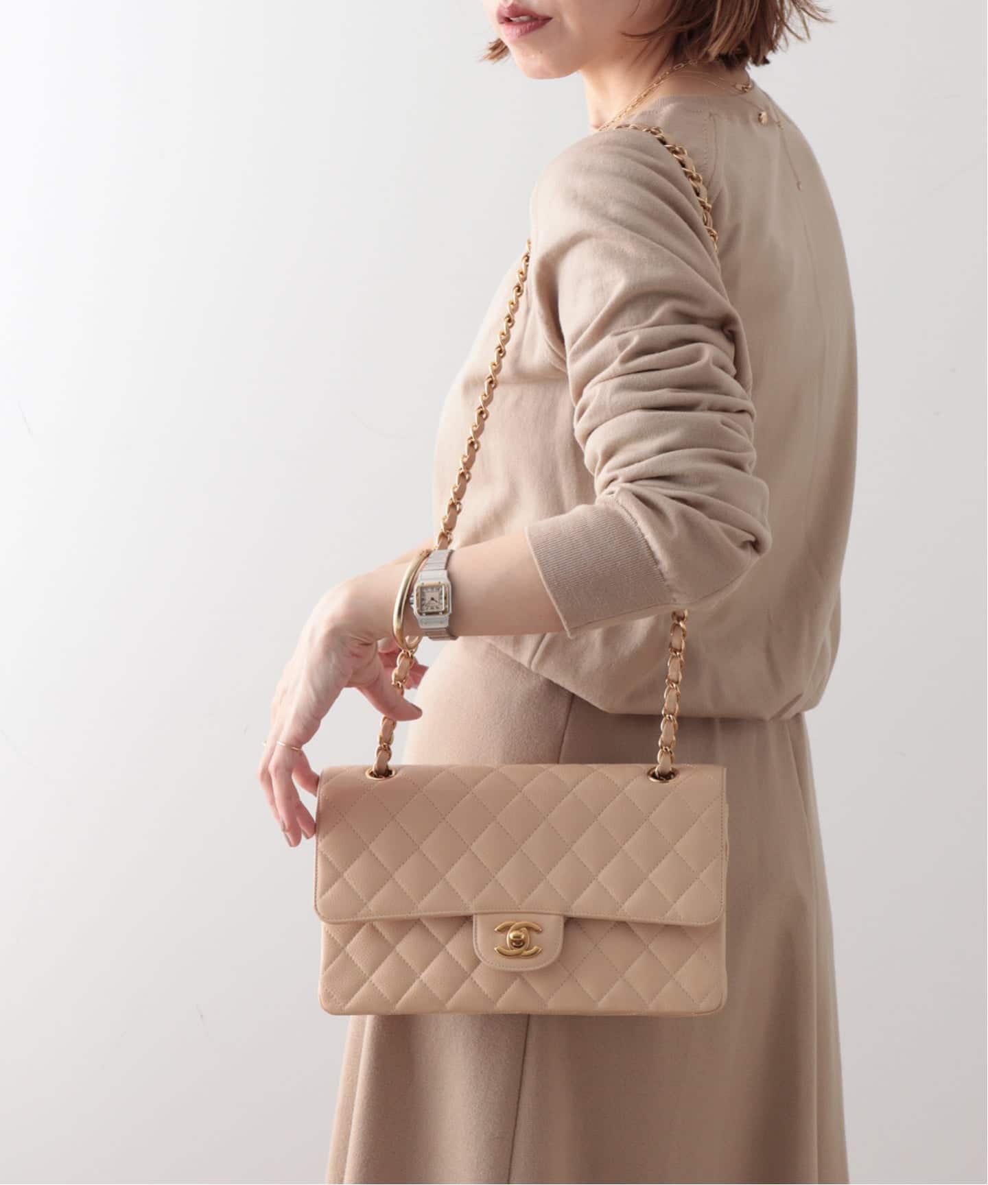 ベージュ ヴィンテージ ショルダーバッグ マトラッセ シャネル CHANEL マトラッセ ベージュ キャビアスキン チェーンショルダーバッグ バッグ